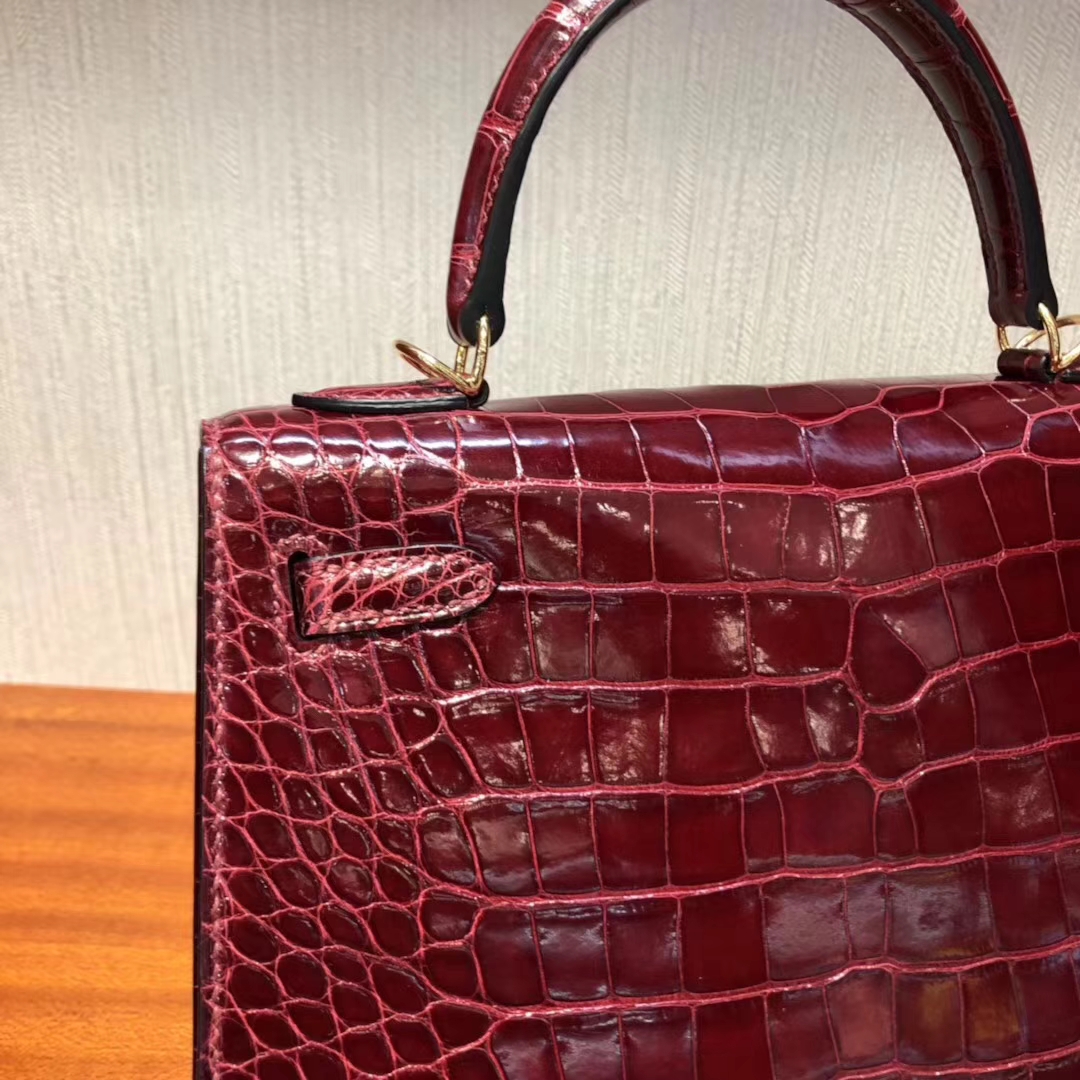 Hermès（爱马仕）Kelly 25 shiny alligator crocodile F5勃艮第酒红 蜡线全手工 金扣