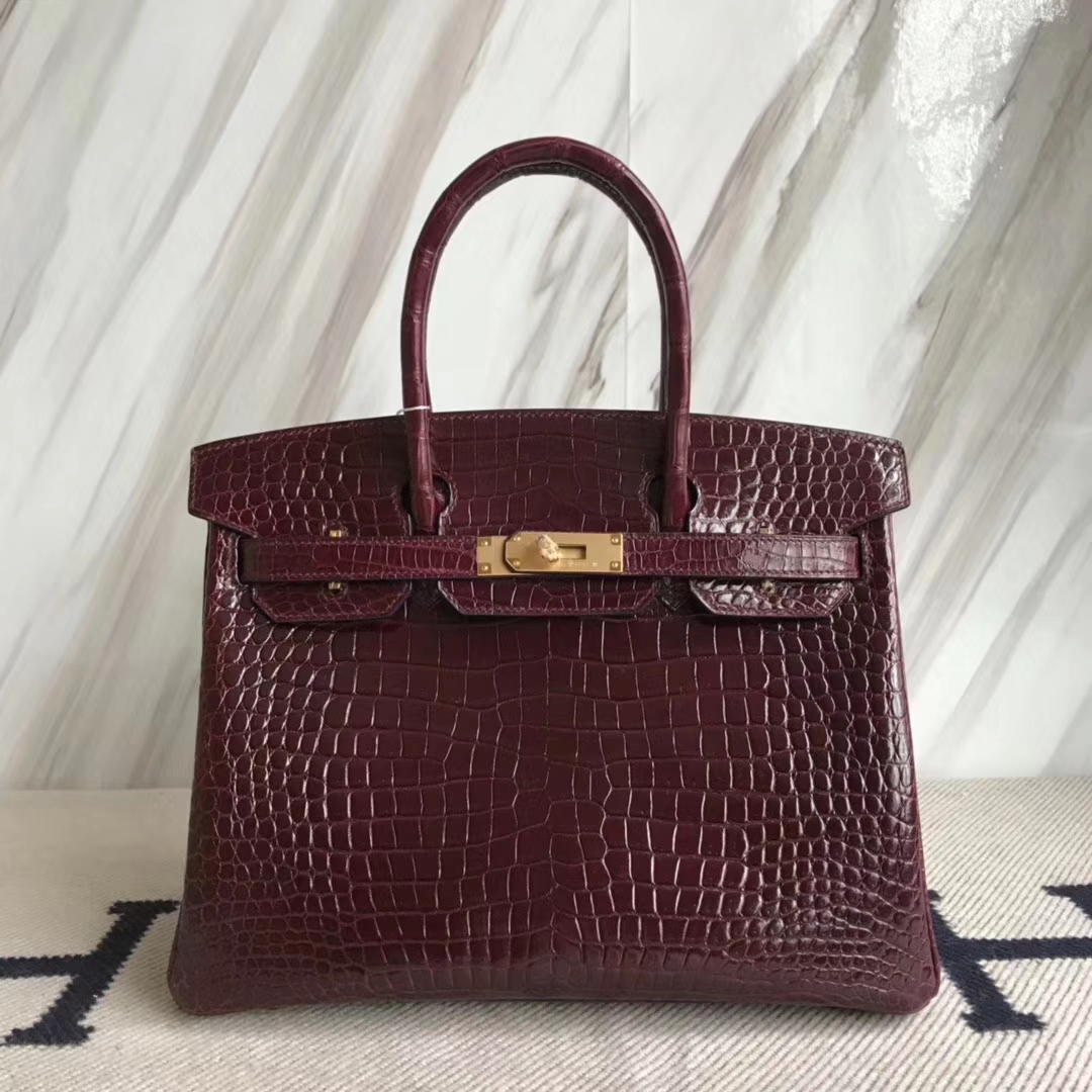 Hermès（爱马仕）Birkin30cm Porosus shiny 亮面澳洲湾鳄  ck57 波尔多酒红 Bordeaux 金扣 现货