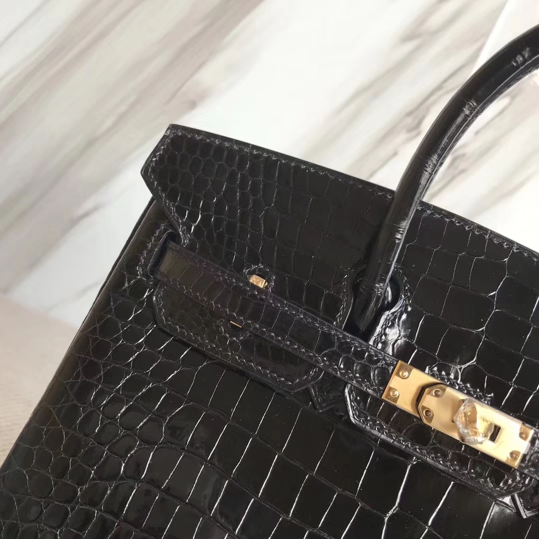 Hermès(爱马仕)Birkin25cm Porosus shiny 亮面澳洲湾鳄 ck89 黑色 金扣-拉尔森鳄鱼皮具定制 - 爱马仕包包官网 Hermès(爱马仕)Birkin25cm Porosus shiny 亮面澳洲湾鳄 ck89 黑色 金扣