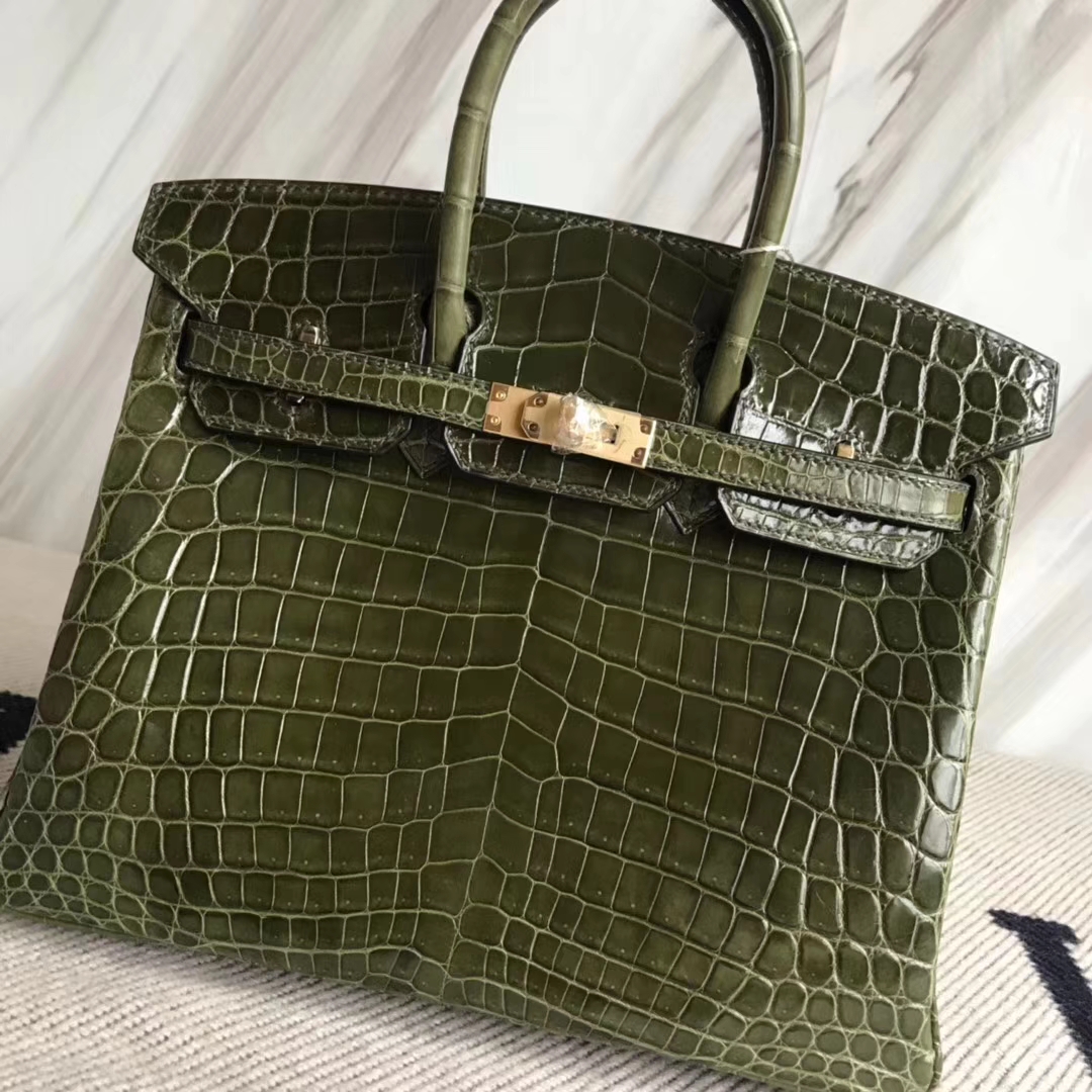 Hermès（爱马仕）Birkin25cm Crocodile shiny 亮面鳄鱼 6H 橄榄绿 金扣