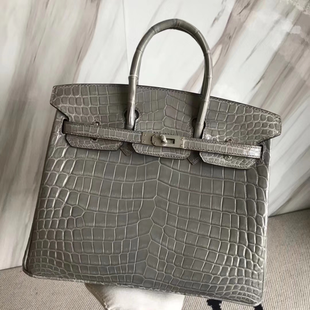 Hermès（爱马仕）Birkin25cm Crocodile shiny 亮面鳄鱼 M8 巴黎灰 银扣