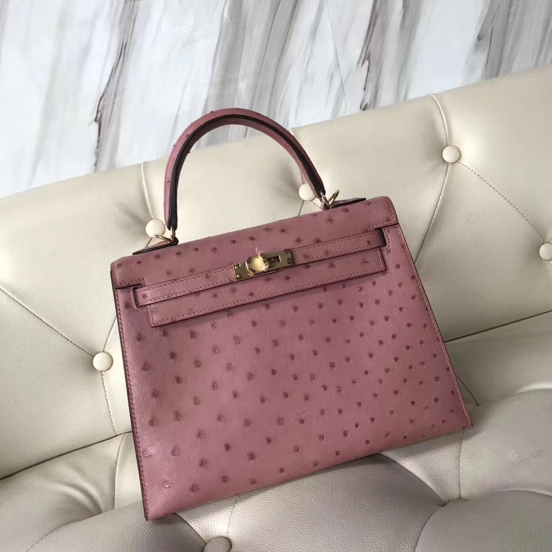 Hermès（爱马仕）kelly25cm Ostrich kk鸵鸟 cc94 陶瓷粉 金扣