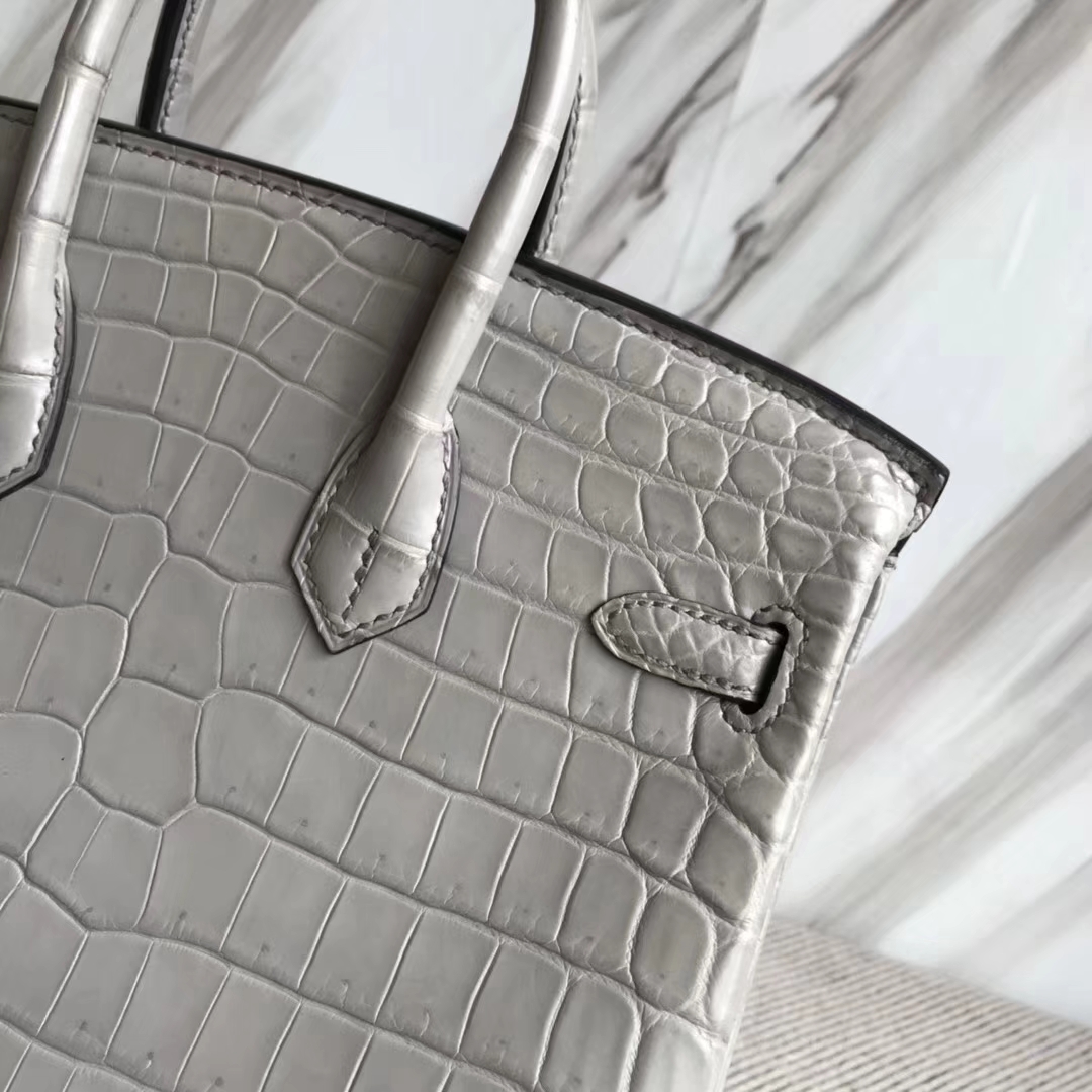 Hermès（爱马仕）Birkin25cm Crocodile matt 雾面鳄鱼 M8 巴黎灰 公路灰 银扣