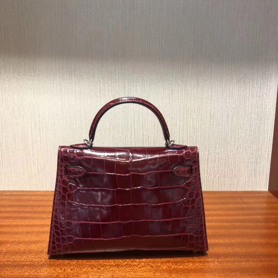 Hermès（爱马仕）Kelly2代 19cm shiny alligator crocodile   F5勃艮第酒红 蜡线全手工 银扣