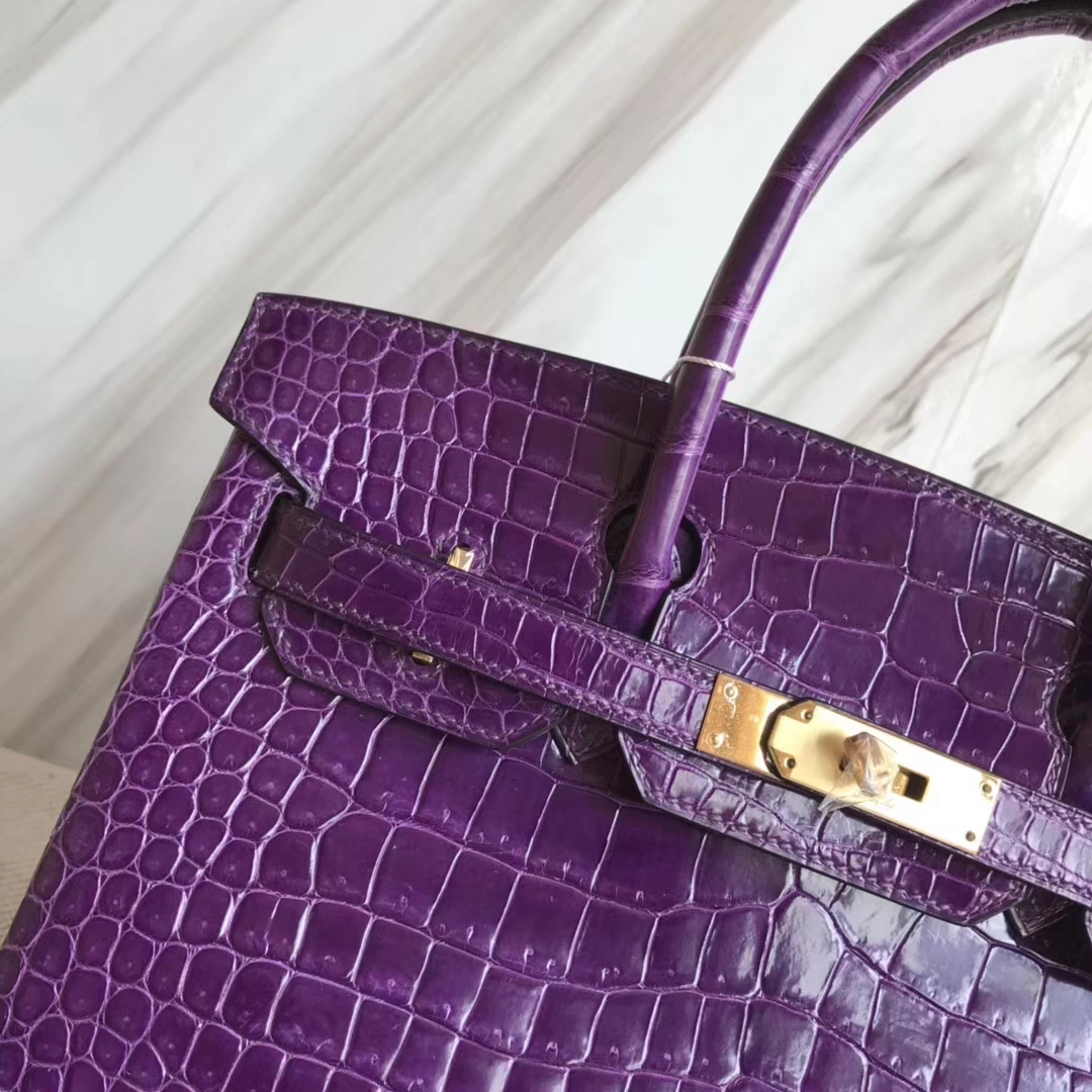Hermès（爱马仕）Birkin30cm Porosus shiny 亮面澳洲湾鳄  葡萄紫  金扣