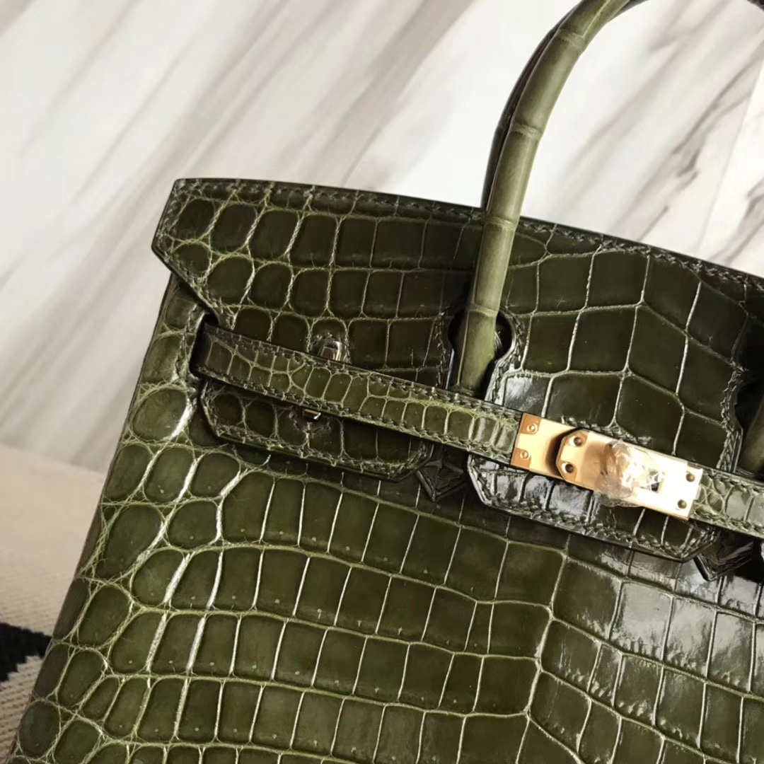 Hermès（爱马仕）Birkin25cm Crocodile shiny 亮面鳄鱼 6H 橄榄绿 金扣