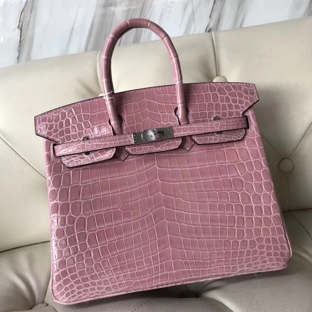 Hermès（爱马仕）Birkin25cm Crocodile shiny 亮面两点鳄鱼 5Z 印度粉 银扣