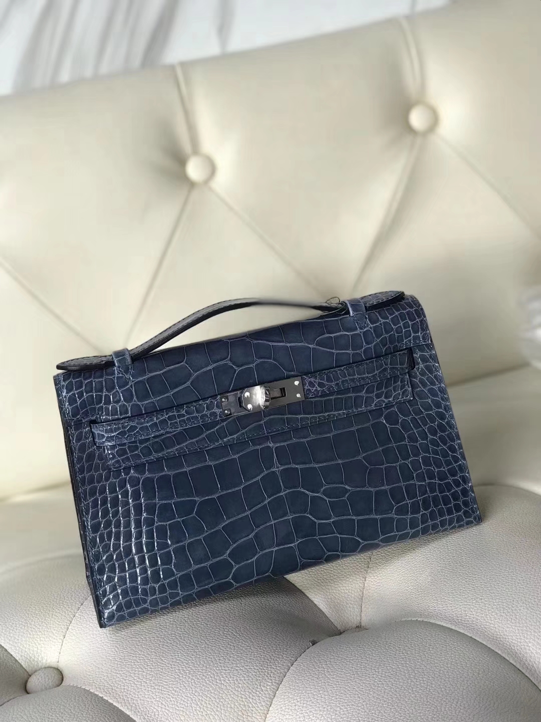 Hermès（爱马仕）Minikelly pochette 22cm Alligator shiny 亮面鳄鱼 7N 风暴蓝 银扣