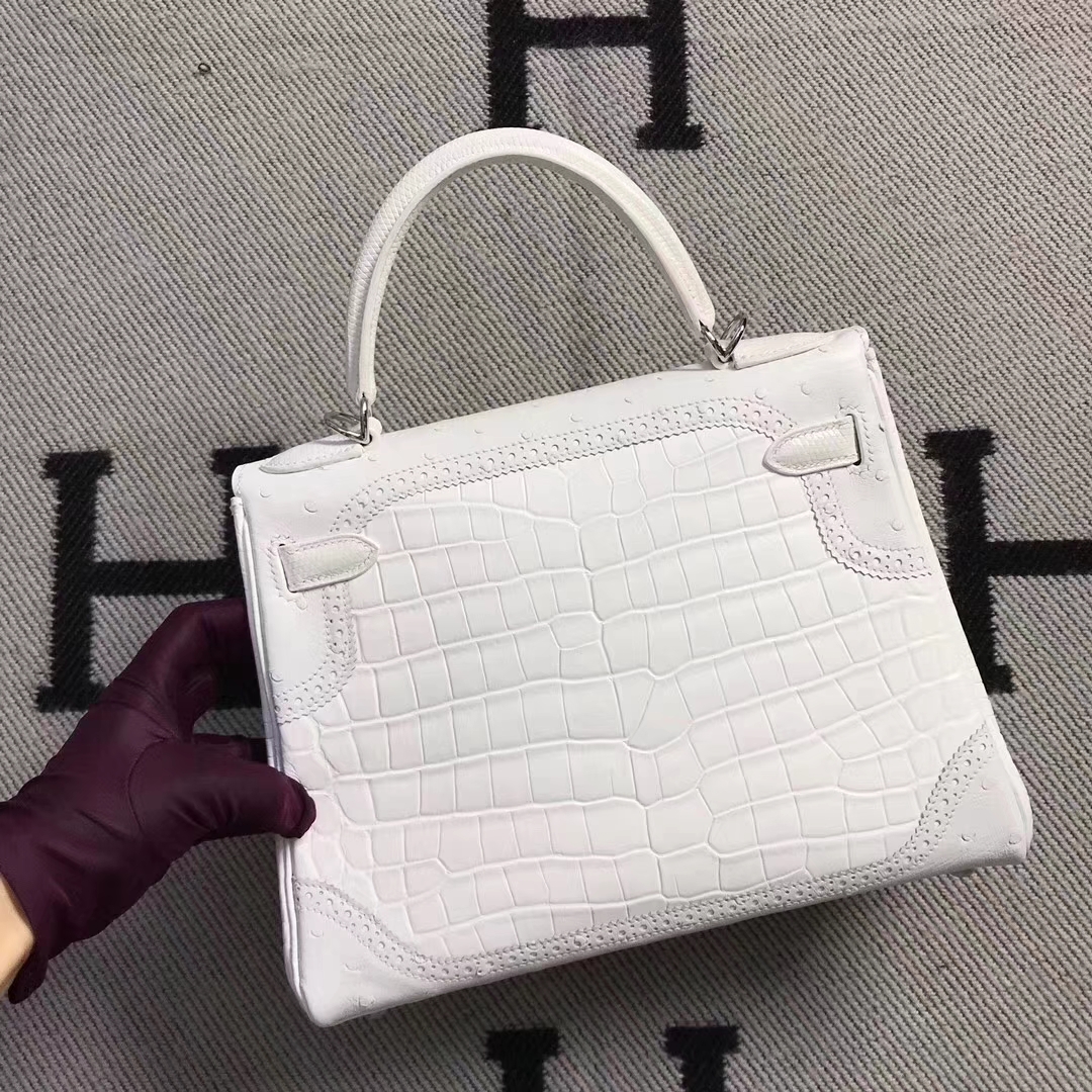 Hermès(爱马仕)蕾丝款 kelly 28cm 白色鳄鱼蜥蜴&鸵鸟三拼色 超级漂亮-拉尔森鳄鱼皮具定制 - 爱马仕包包官网 Hermès(爱马仕)蕾丝款 kelly 28cm 白色鳄鱼蜥蜴&鸵鸟三拼色 超级漂亮