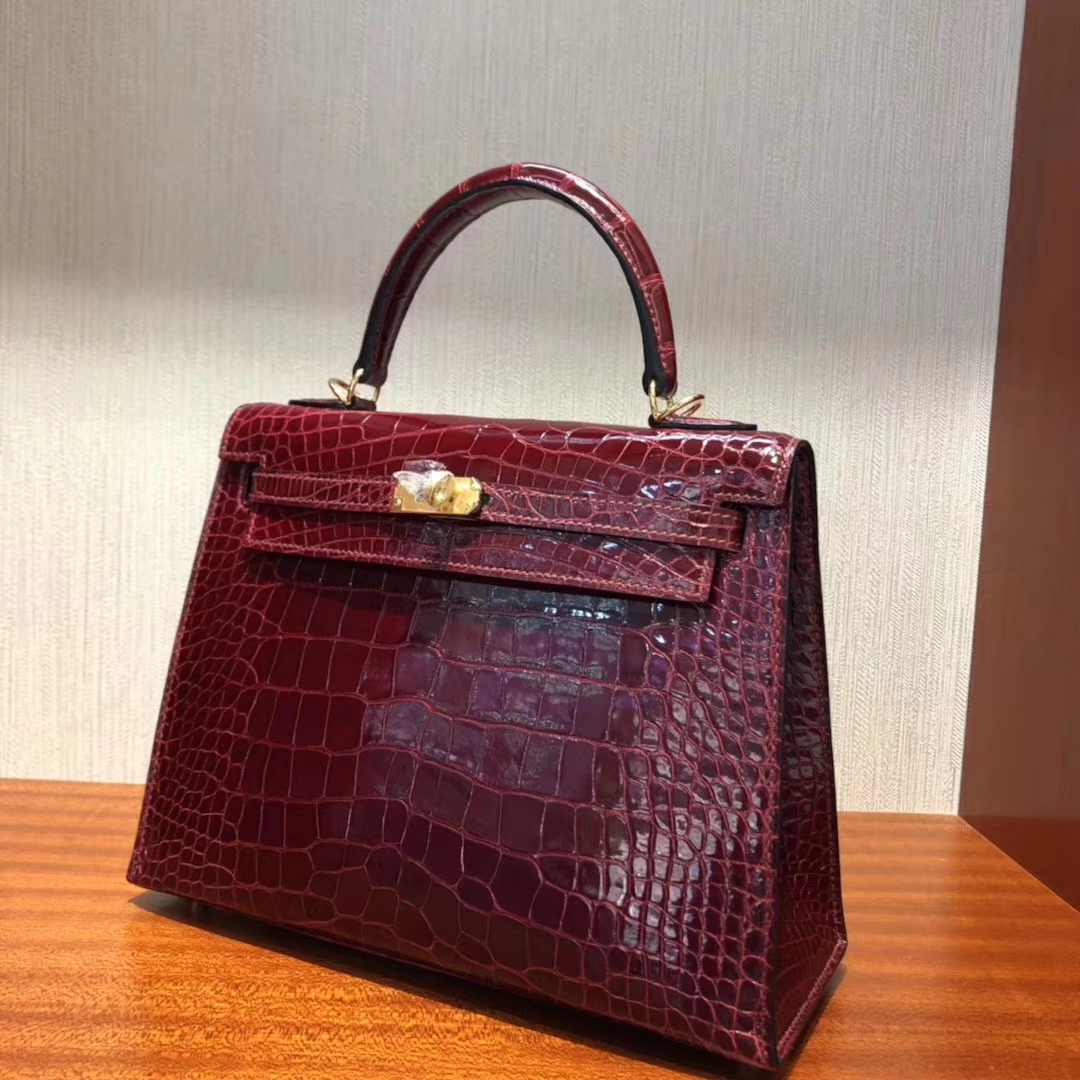 Hermès(爱马仕)Kelly 25 shiny alligator crocodile F5勃艮第酒红 蜡线全手工 金扣-拉尔森鳄鱼皮具定制 - 爱马仕包包官网 Hermès(爱马仕)Kelly 25 shiny alligator crocodile F5勃艮第酒红 蜡线全手工 金扣