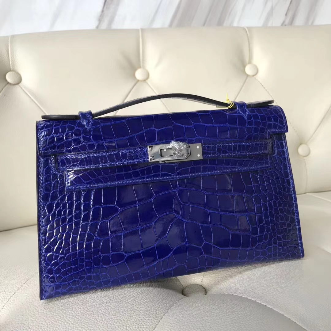 Hermès(爱马仕)Minikelly pochette Alligator shiny 亮面鳄鱼7T 电光蓝 Blue eletric 银扣 手抓包 晚宴包-拉尔森鳄鱼皮具定制 - 爱马仕包包官网 Hermès(爱马仕)Minikelly pochette Alligator shiny 亮面鳄鱼7T 电光蓝 Blue eletric 银扣 手抓包 晚宴包