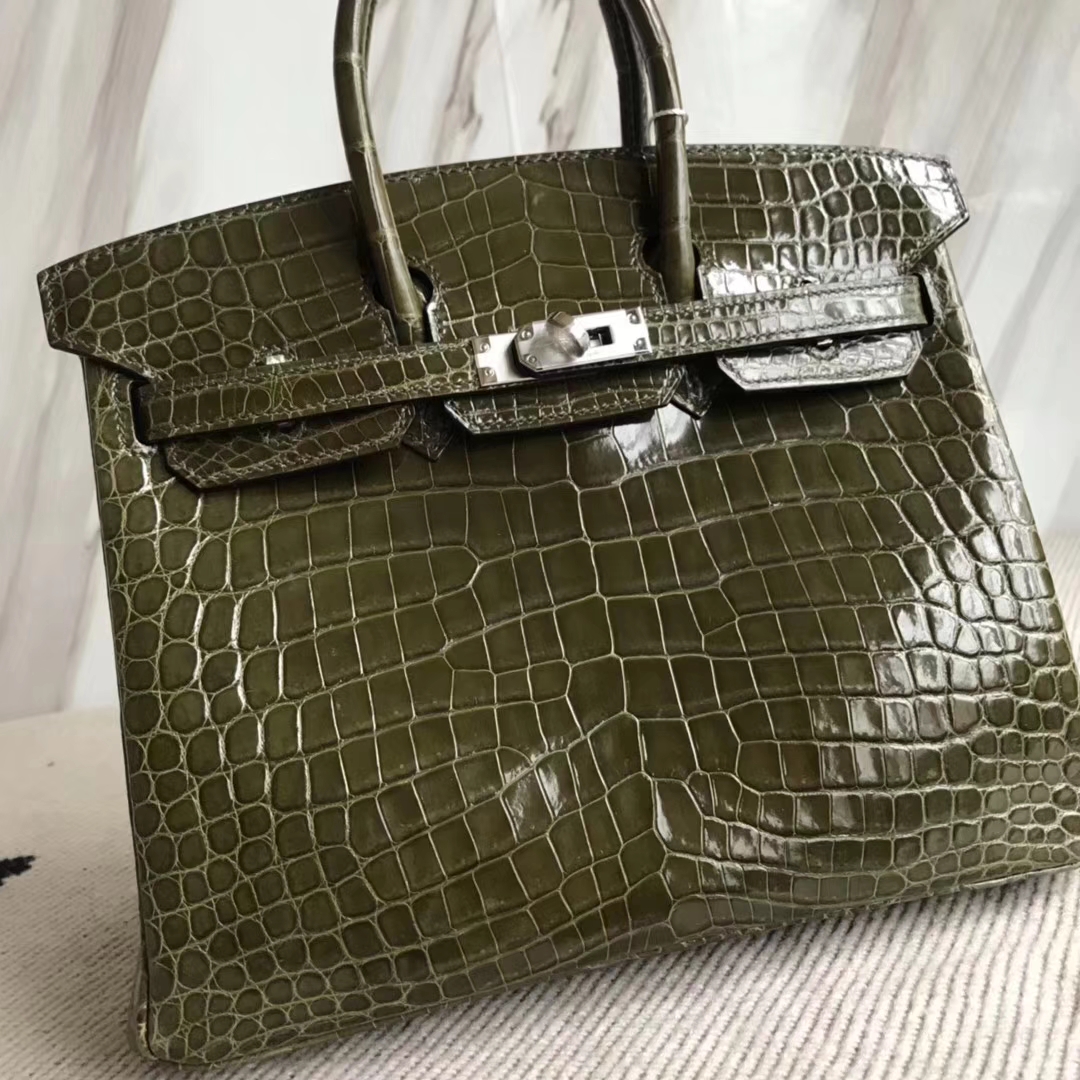 Hermès（爱马仕）Birkin25cm Crocodile shiny 亮面鳄鱼 6H 橄榄绿 银扣