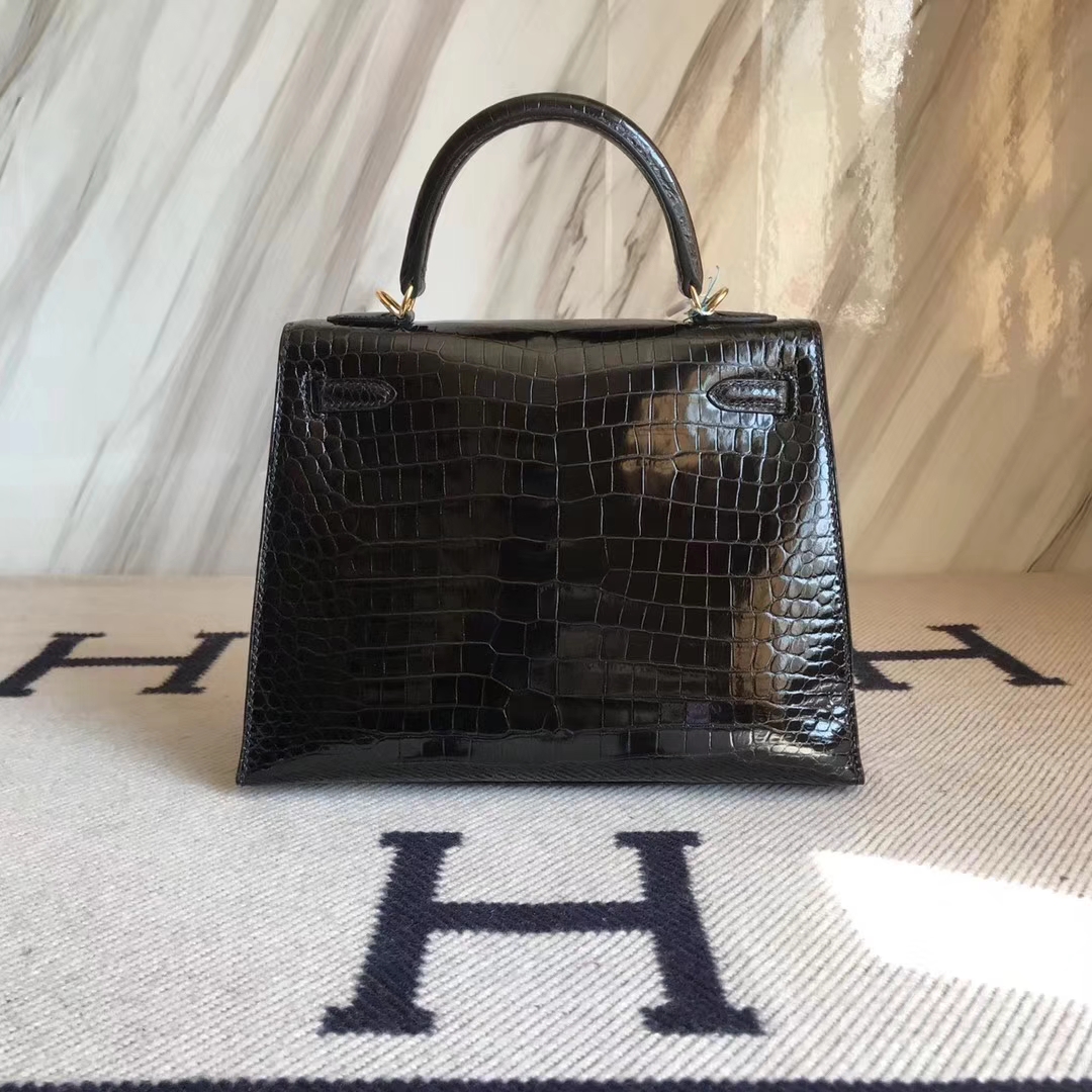 Hermès（爱马仕）Kelly25cm Porosus shiny 亮面澳洲湾鳄  ck89 黑色  金扣