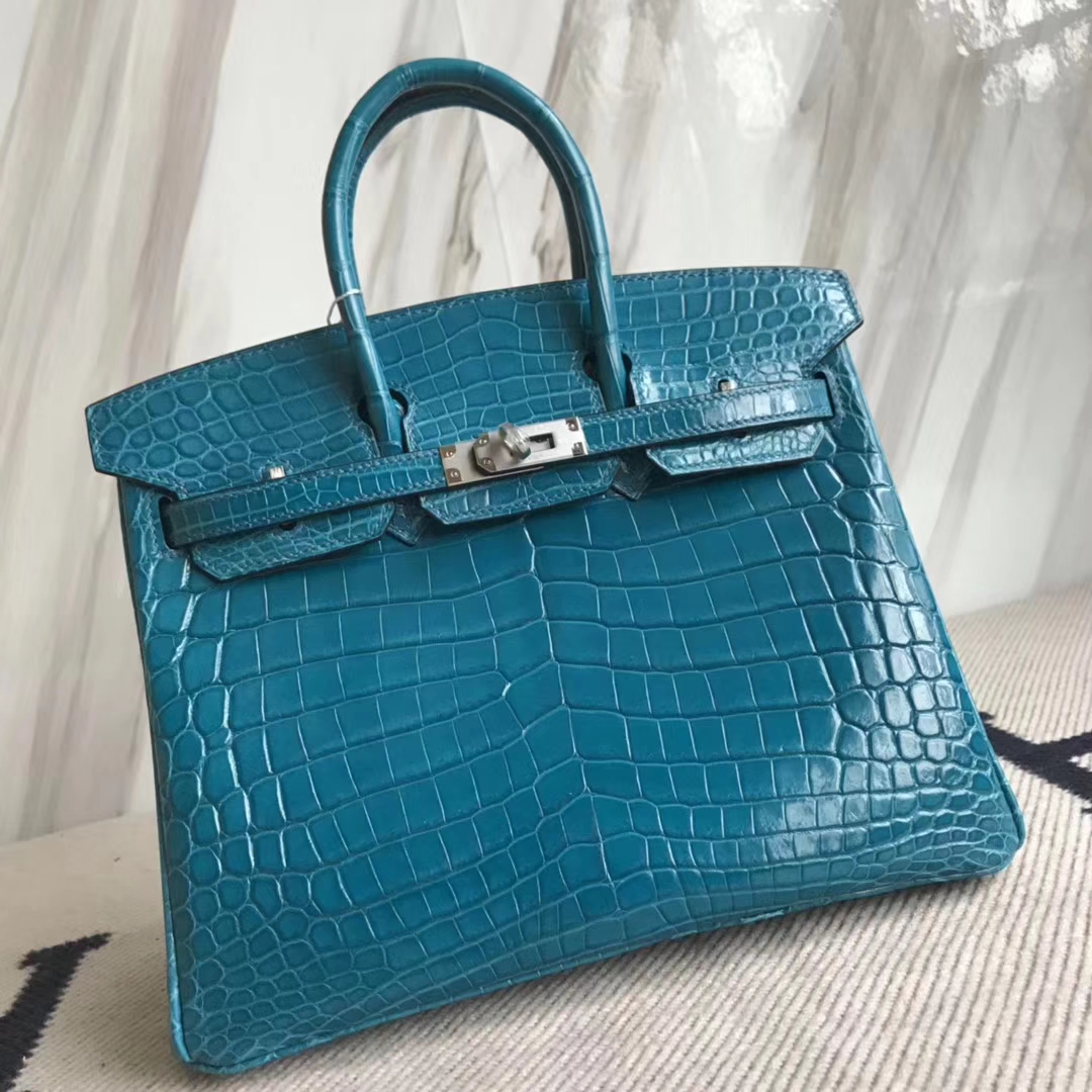 Hermès（爱马仕）Birkin25cm Crocodile shiny 亮面鳄鱼 7w 伊兹密尔蓝 Blue izmir 银扣
