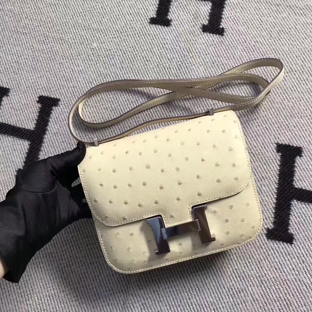Hermès（爱马仕）南非鸵鸟皮 constance 19cm 银扣 羊毛白