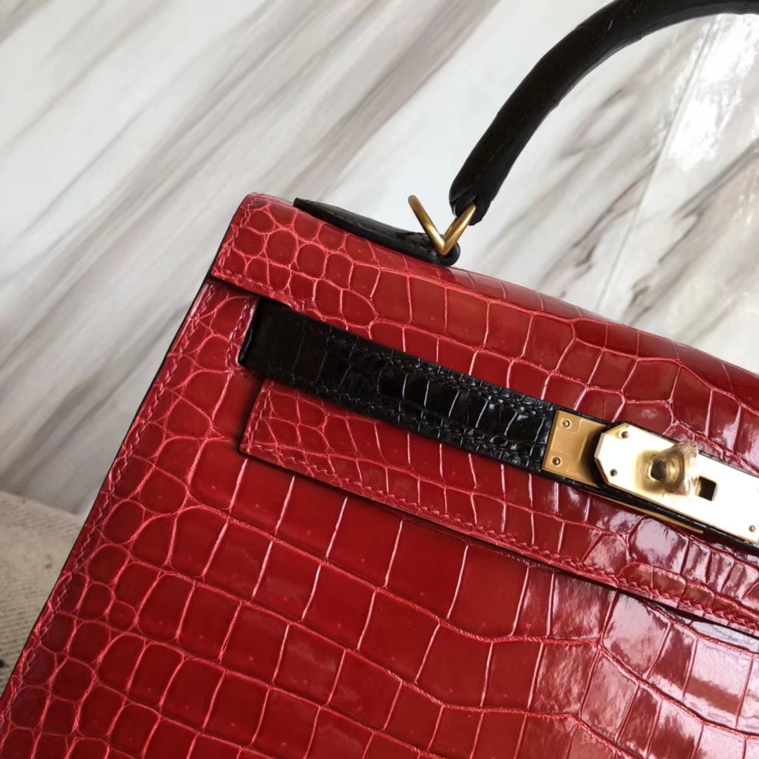 Hermès（爱马仕）Kelly28cm Porosus shiny 亮面 澳洲湾鳄鳄鱼 ck95 法拉利红ck89 黑色  马蹄印金扣