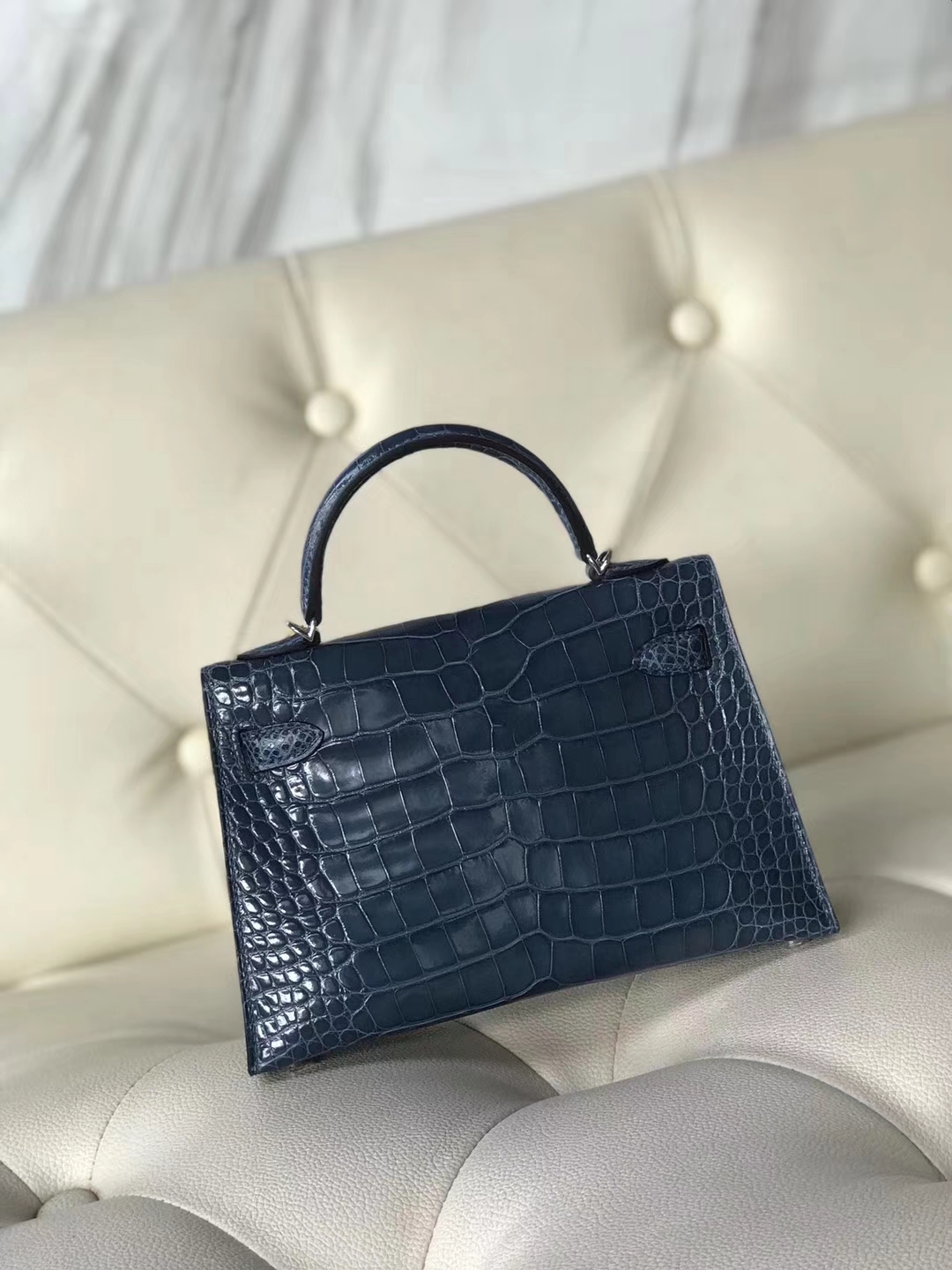 Hermès（爱马仕）Minikelly ll Alligator  shiny 方块鳄鱼 7N 风暴蓝 银扣