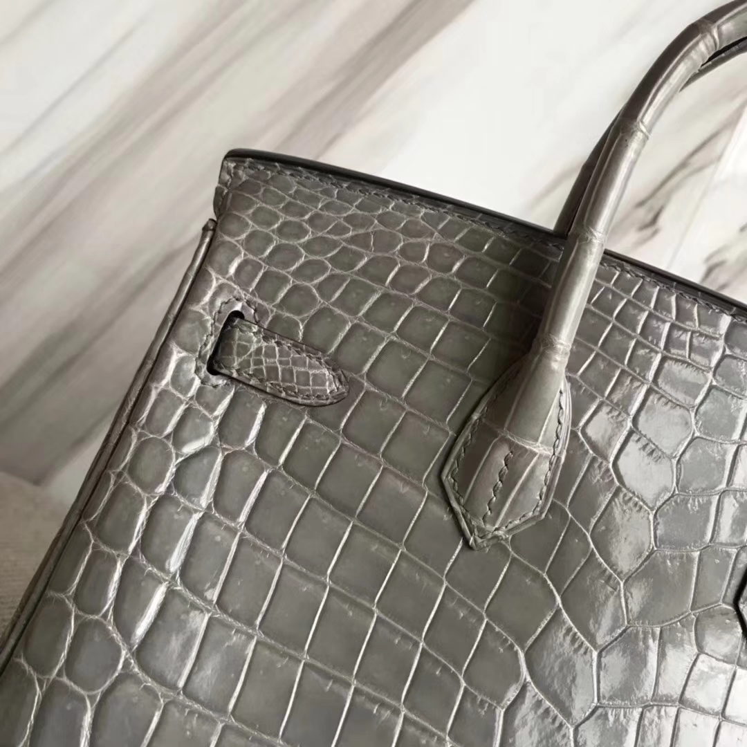 Hermès（爱马仕）Birkin25cm Crocodile shiny 亮面鳄鱼 M8 巴黎灰 银扣