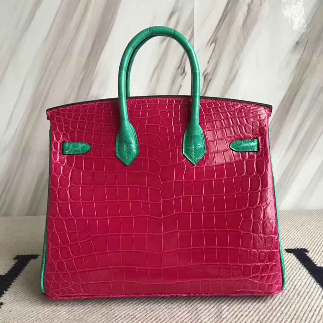 Hermès（爱马仕）Birkin25cm Crocodile  shiny 亮面鳄鱼 J5 天方夜谭粉拼翡翠绿 马蹄印 金扣