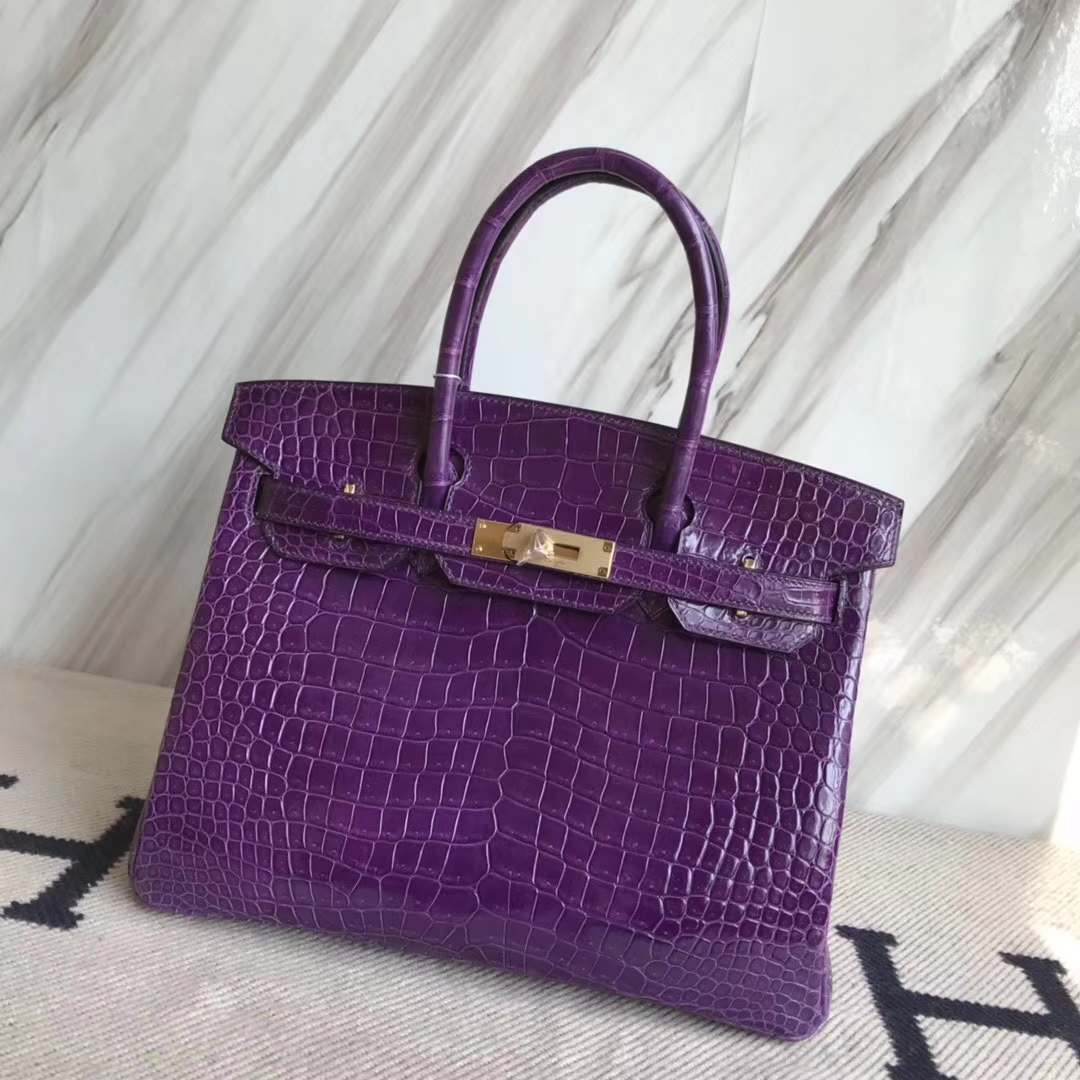 Hermès（爱马仕）Birkin30cm Porosus shiny 亮面澳洲湾鳄  葡萄紫  金扣