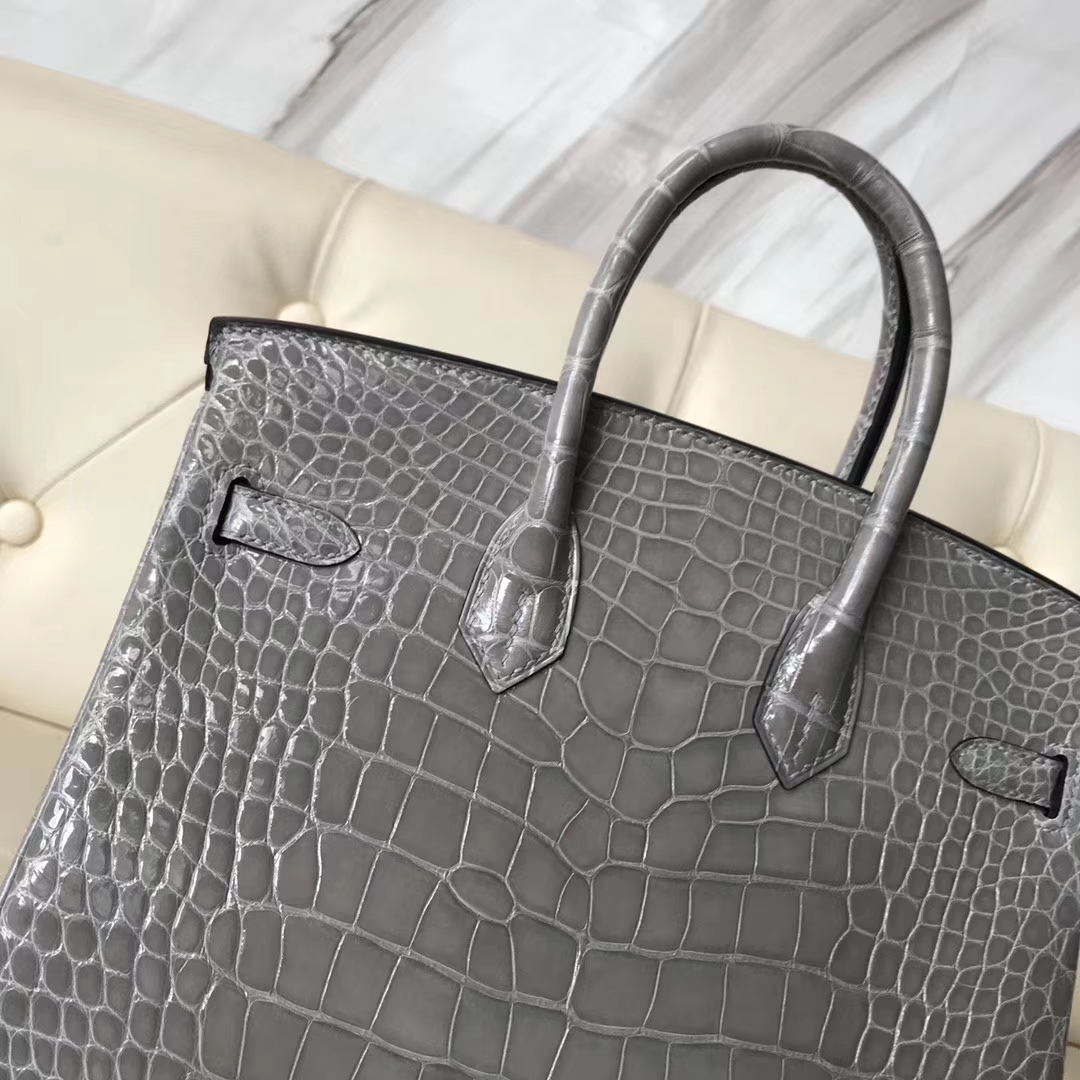 Hermès（爱马仕）Birkin25cm Alligator shiny亮面鳄鱼 浅灰 银扣 气质灰 现货