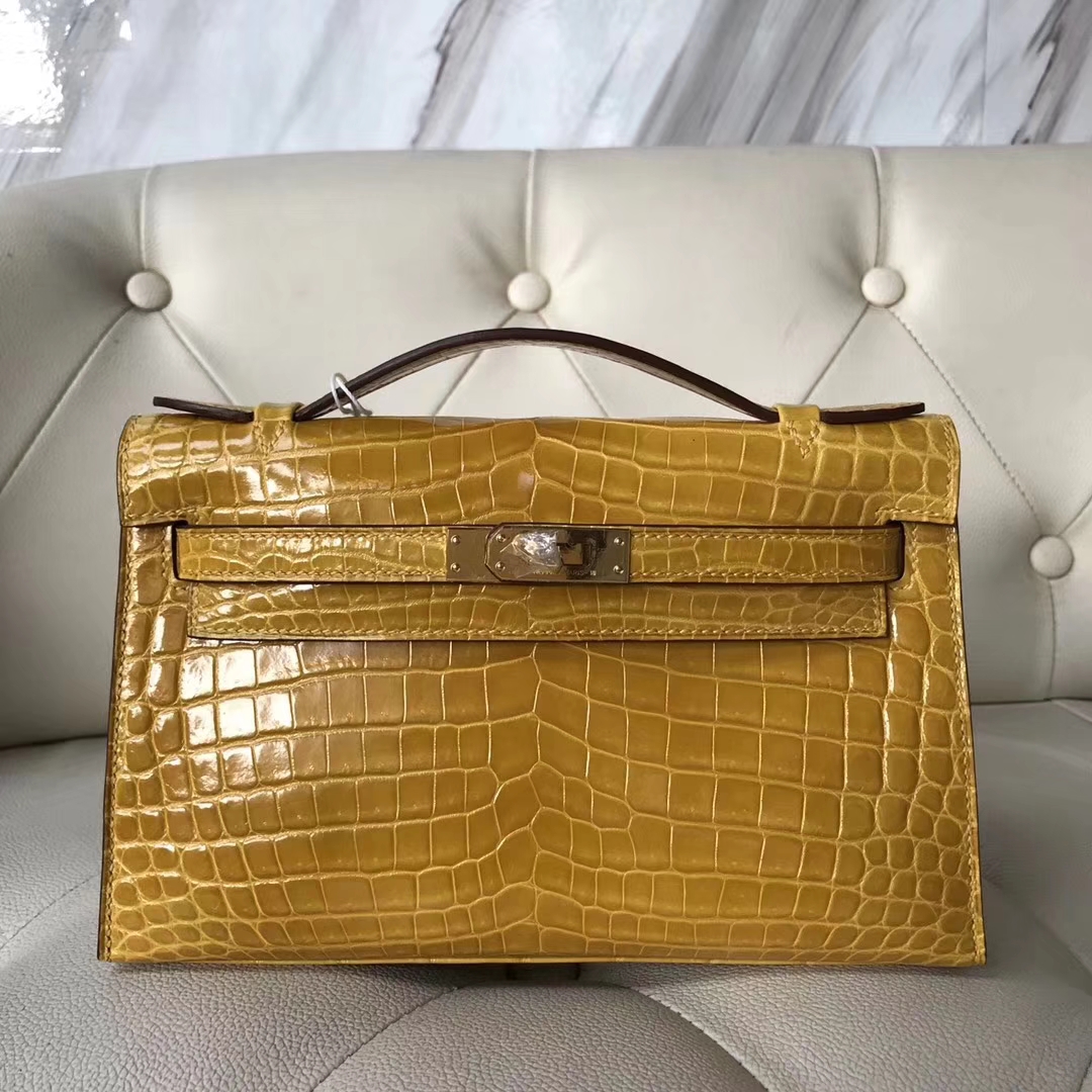 Hermès（爱马仕）Minikelly pochette Alligator shiny 亮面鳄鱼9D 琥珀黄 Ambre 金扣