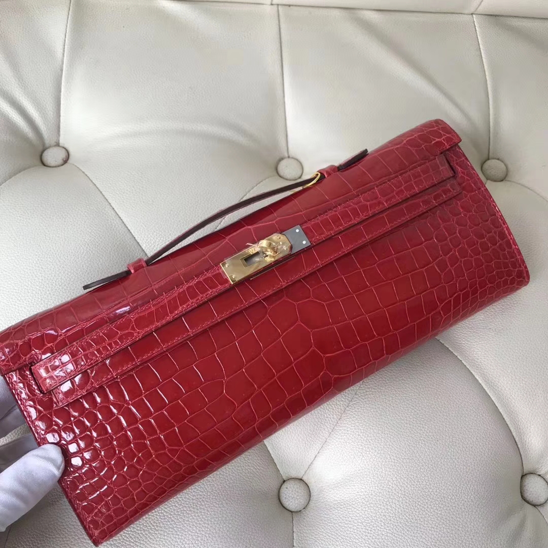 Hermès（爱马仕）Kelly cut 31cm Porosus shiny 亮面澳洲湾鳄 ck95 法拉利红 Braise 金扣