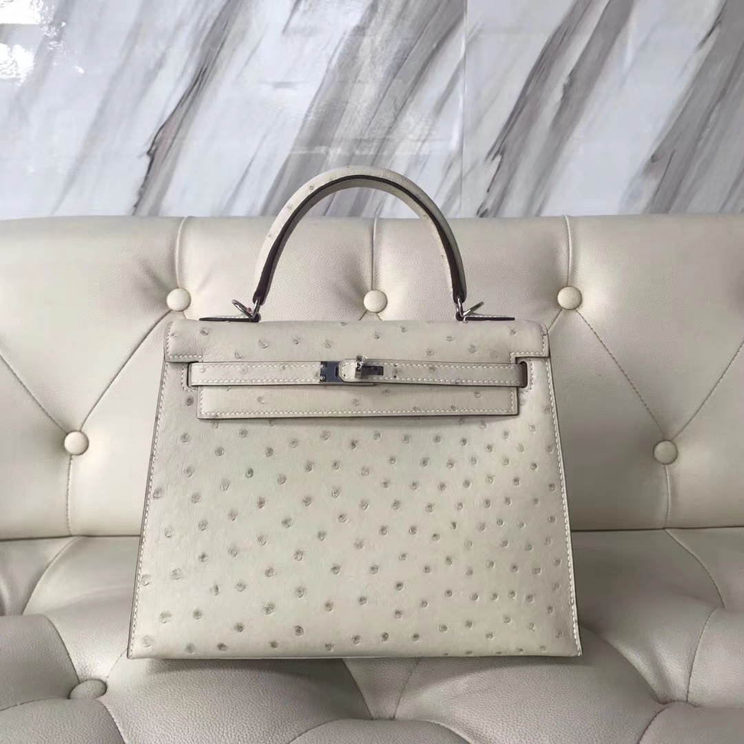 Hermès（爱马仕）Kelly25cm Ostrich kk鸵鸟 3C 羊毛白 银扣