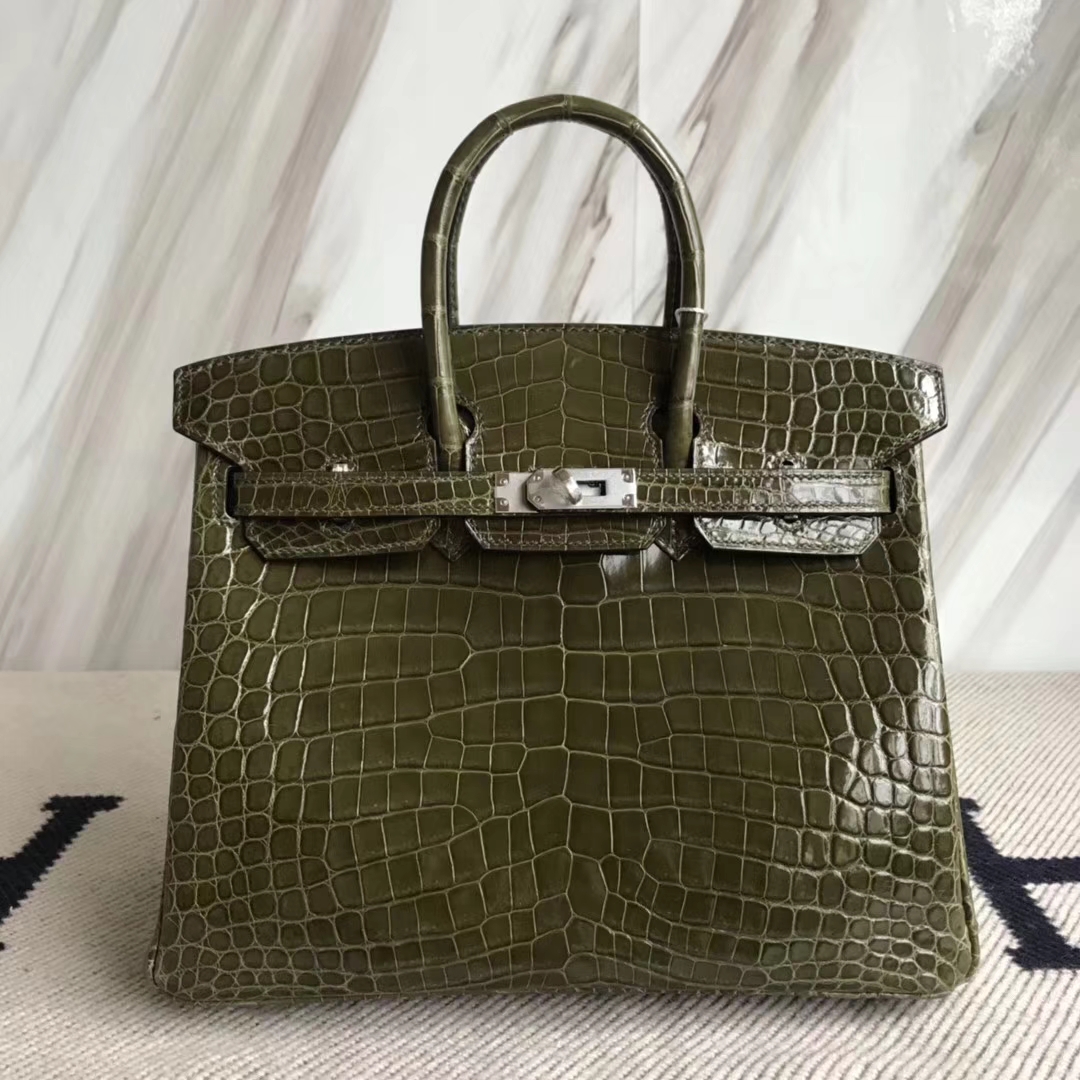 Hermès（爱马仕）Birkin25cm Crocodile shiny 亮面鳄鱼 6H 橄榄绿 银扣