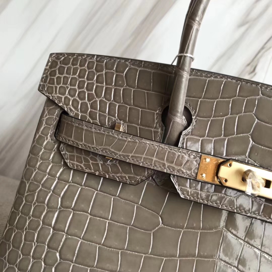 Hermès（爱马仕）Birkin30cm Porosus shiny 亮面澳洲湾鳄  ck81 斑鸠灰 Gris T 金扣