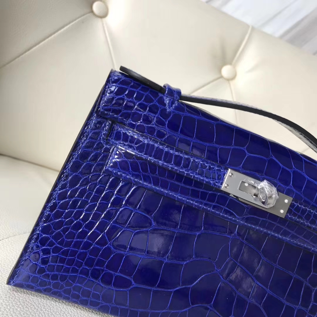 Hermès（爱马仕）Minikelly pochette Alligator shiny 亮面鳄鱼7T 电光蓝 Blue eletric 银扣  手抓包 晚宴包