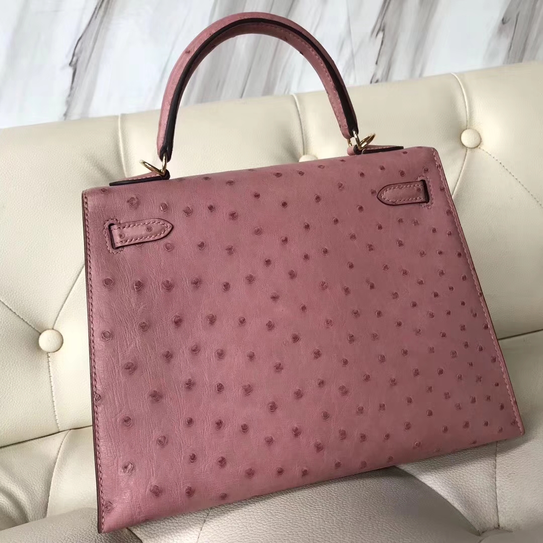 Hermès（爱马仕）kelly25cm Ostrich kk鸵鸟 cc94 陶瓷粉 金扣