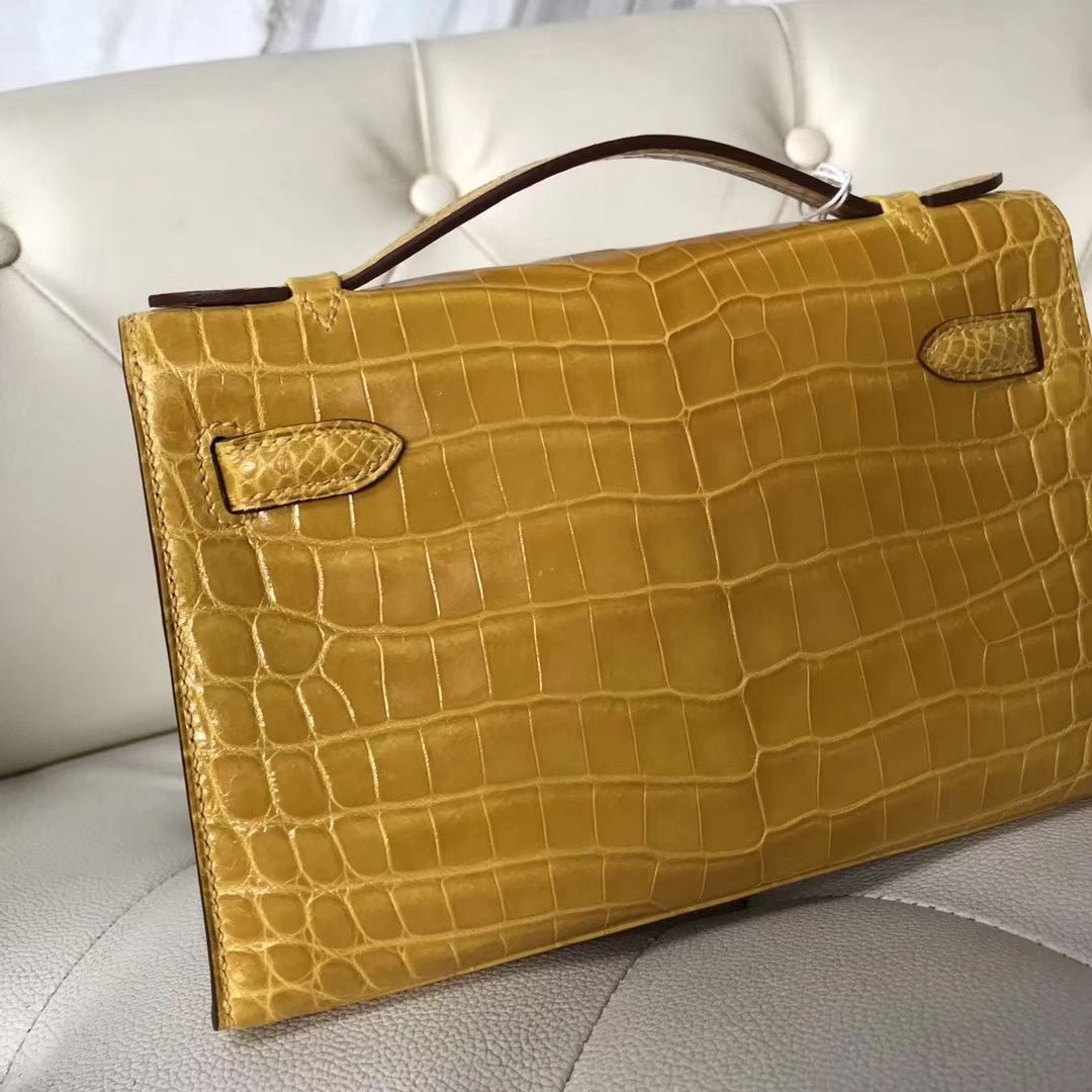 Hermès（爱马仕）Minikelly pochette Alligator shiny 亮面鳄鱼9D 琥珀黄 Ambre 金扣