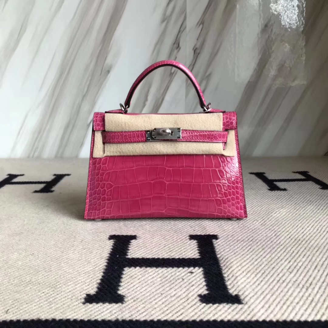 Hermès（爱马仕）Minikelly ll Alligator shiny 亮面鳄鱼 5J 桃粉 银扣