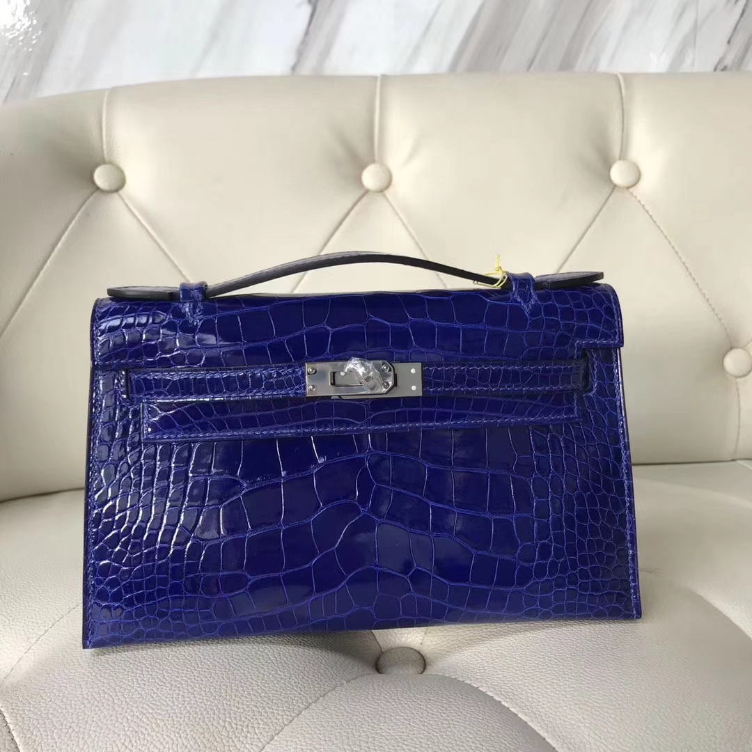 Hermès（爱马仕）Minikelly pochette Alligator shiny 亮面鳄鱼7T 电光蓝 Blue eletric 银扣  手抓包 晚宴包