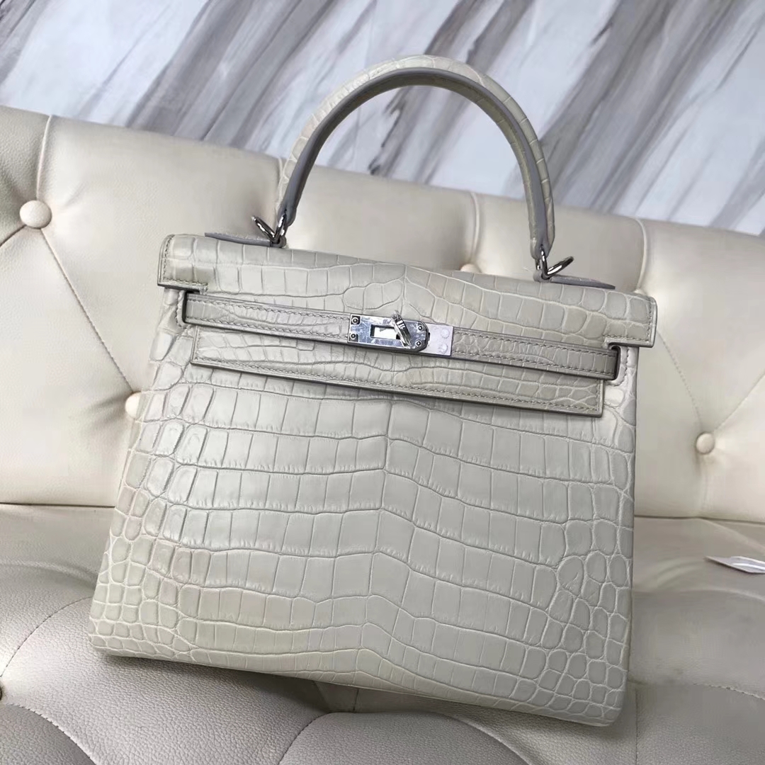 Hermès（爱马仕）Kelly25cm Crocodile matt 雾面鳄鱼 8L 奶油白Beton 银扣
