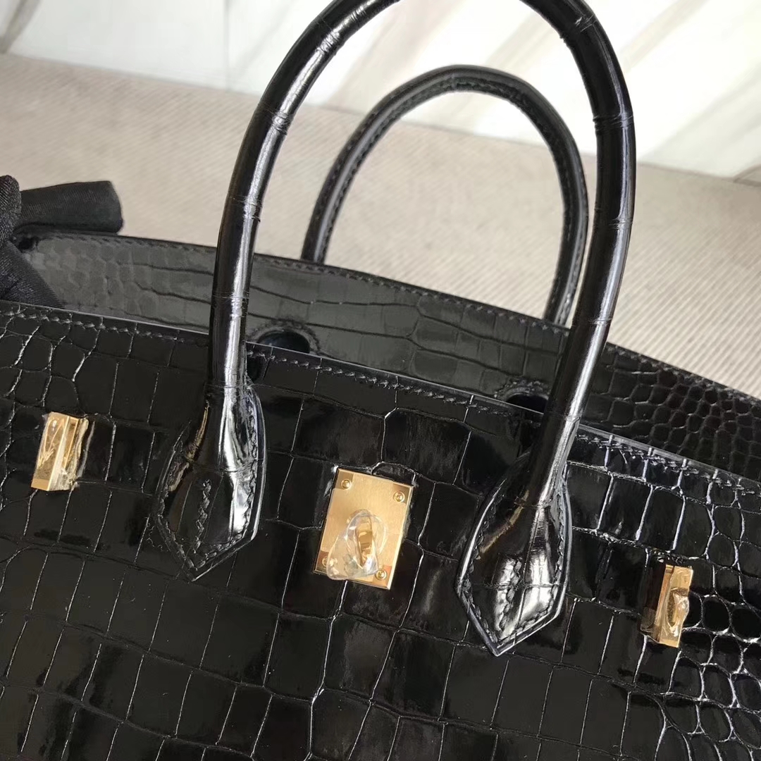 Hermès（爱马仕）Birkin25cm Porosus shiny 亮面澳洲湾鳄 ck89 黑色 金扣