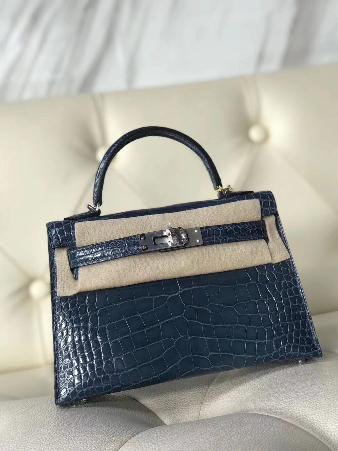 Hermès（爱马仕）Minikelly ll Alligator  shiny 方块鳄鱼 7N 风暴蓝 银扣