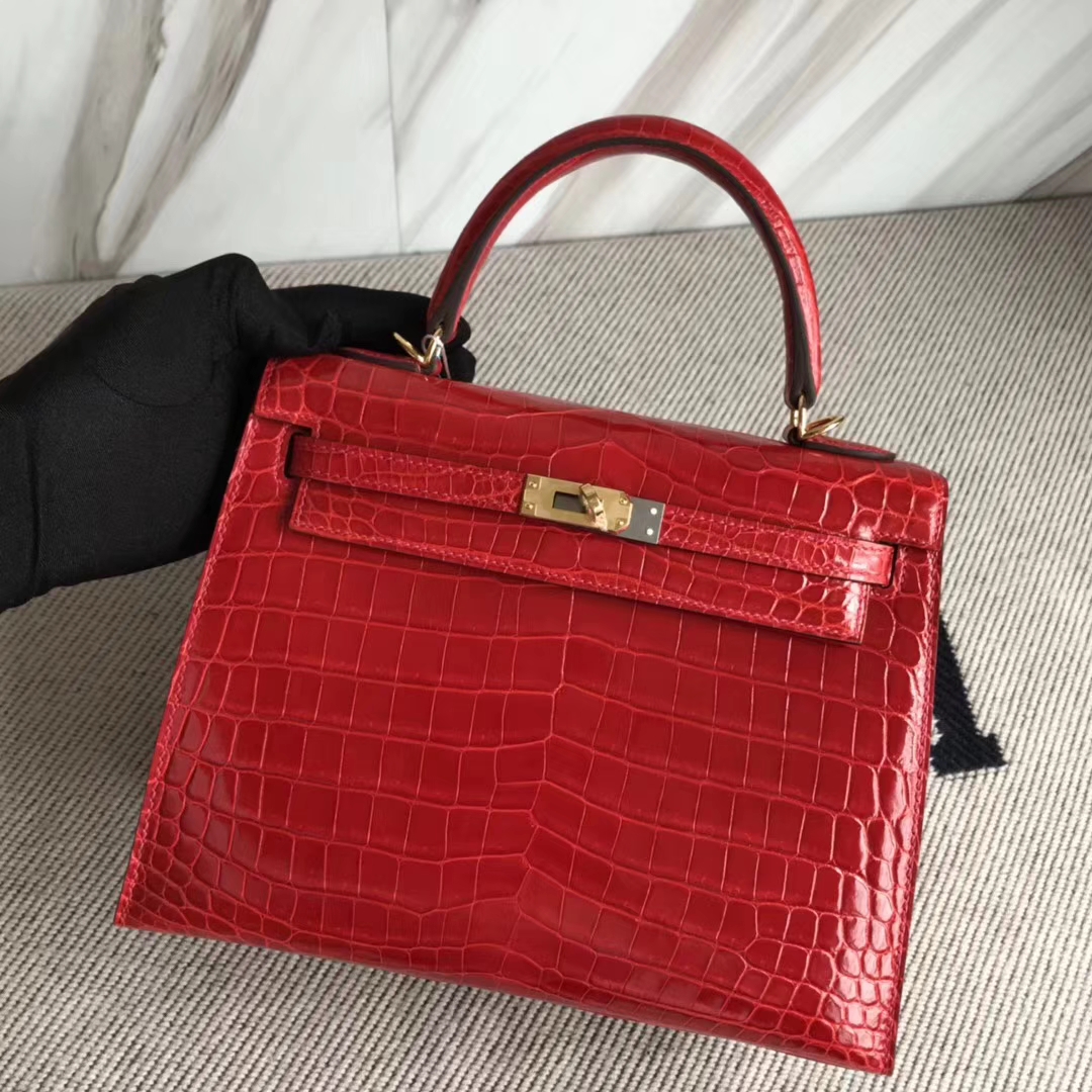 Hermès（爱马仕）Kelly25cm Crocodile shiny 亮面两点鳄鱼 ck95 法拉利红 Braise 金扣