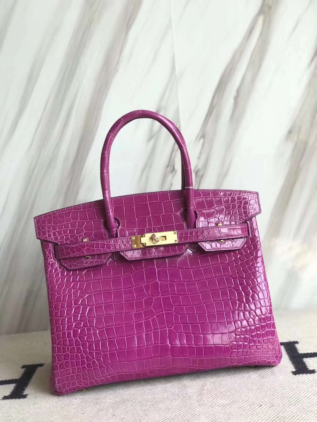 Hermès（爱马仕）Birkin30cm Porosus shiny 亮面澳洲湾鳄  L3 玫瑰紫 rose purple金扣