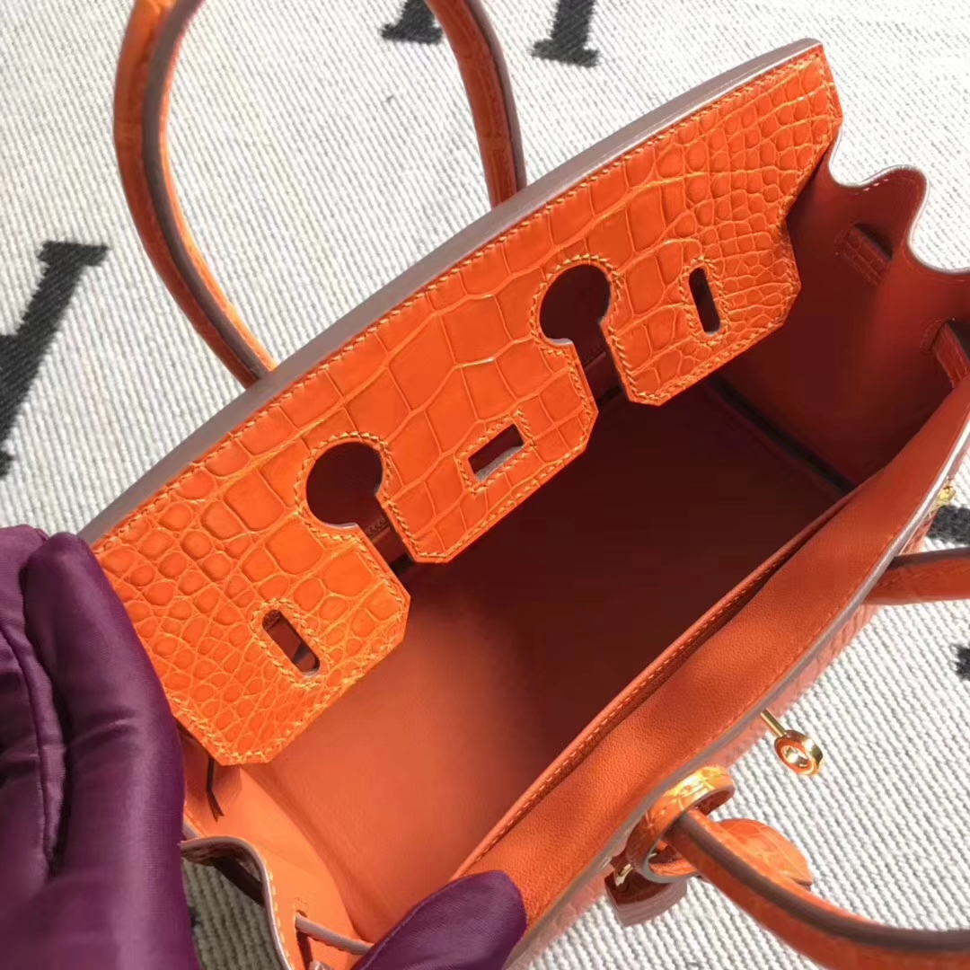 Hermès（爱马仕）美洲鳄方块 birkin 25cm 橙色 超级好看 实物更赞
