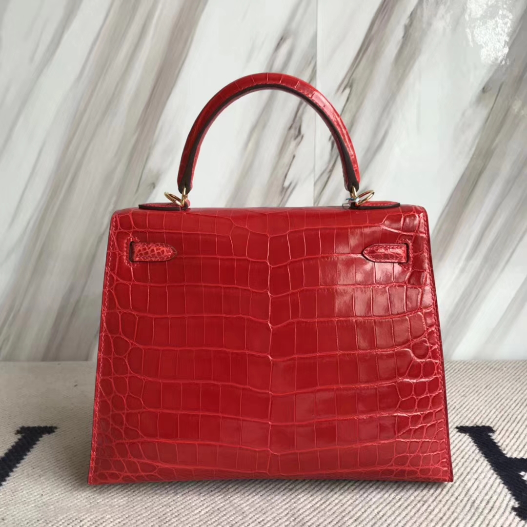 Hermès（爱马仕）Kelly25cm Crocodile shiny 亮面两点鳄鱼 ck95 法拉利红 Braise 金扣