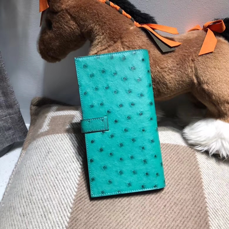 Hermès（爱马仕）bearn两折钱夹鸵鸟皮 U4 Vertigo 丝绒绿 银扣