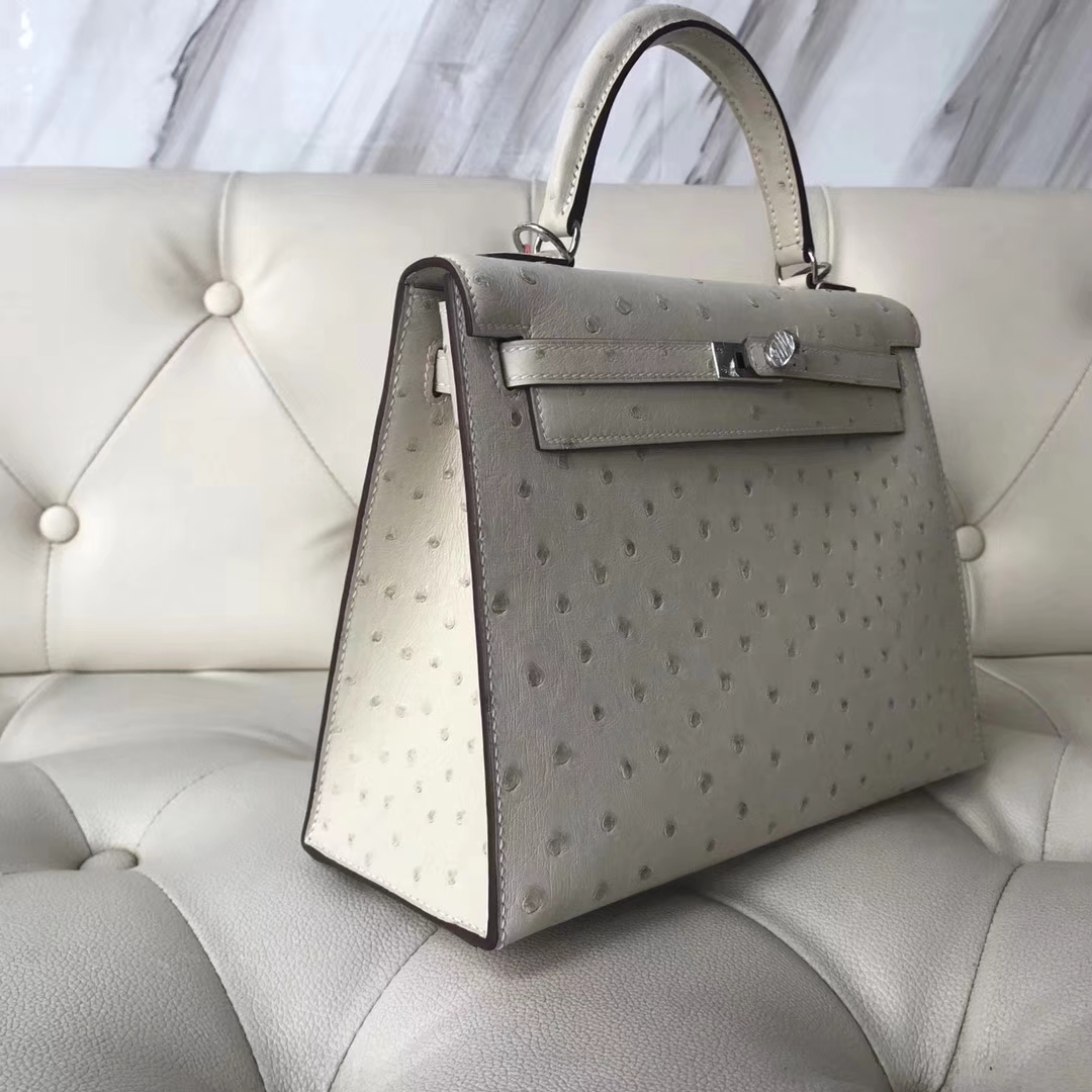 Hermès（爱马仕）Kelly25cm Ostrich kk鸵鸟 3C 羊毛白 银扣