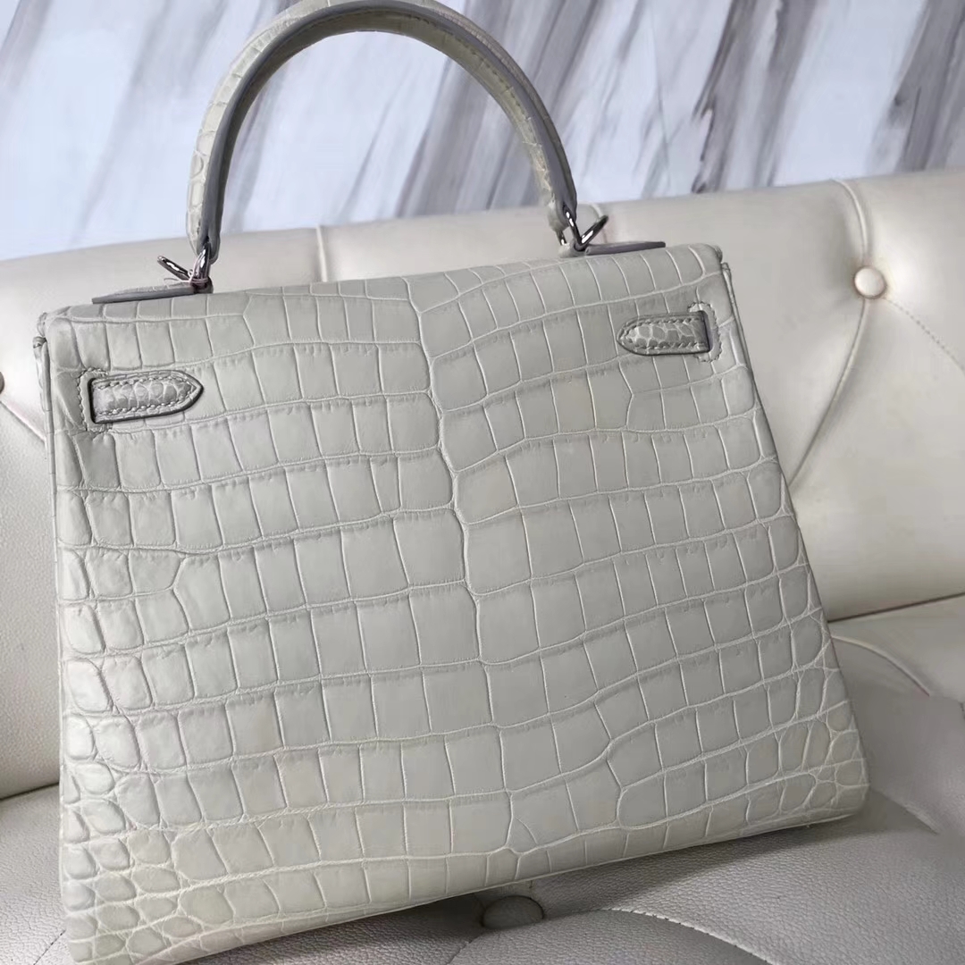 Hermès（爱马仕）Kelly25cm Crocodile matt 雾面鳄鱼 8L 奶油白Beton 银扣