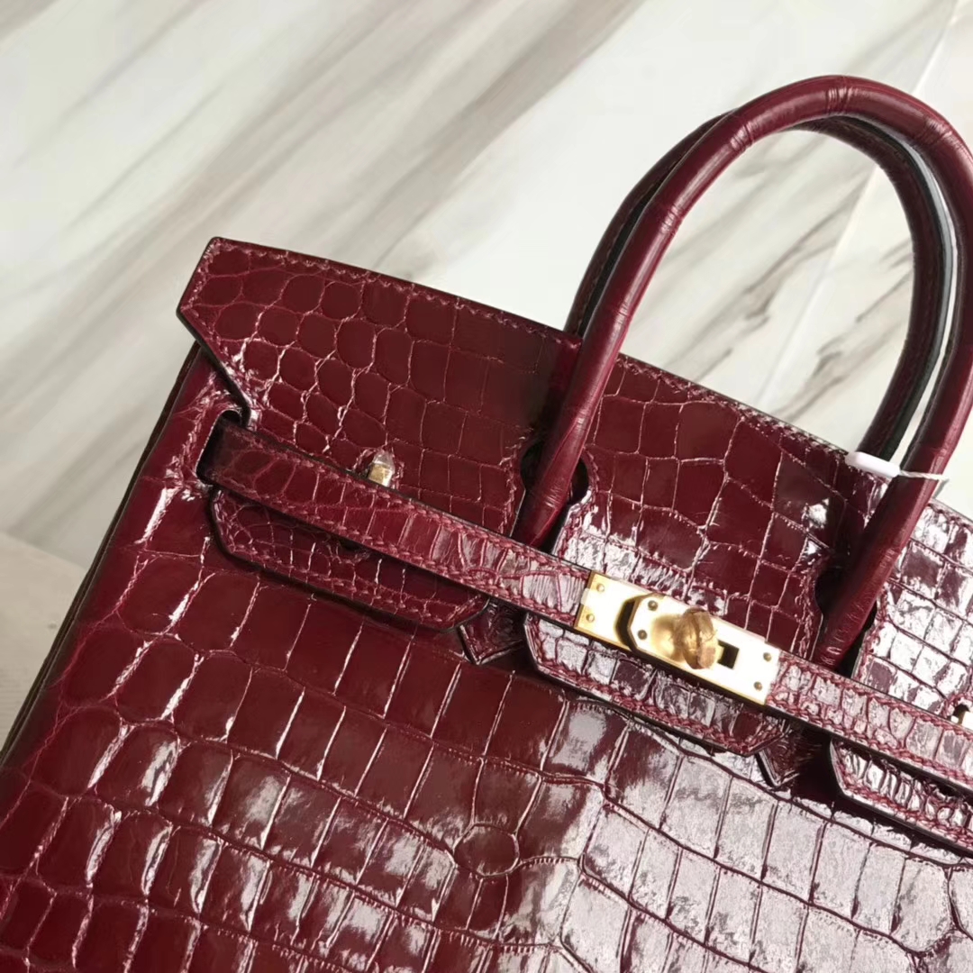 Hermès（爱马仕）Birkin25cm Crocodile shiny 亮面鳄鱼 F5 勃艮第酒红 新酒红 金扣