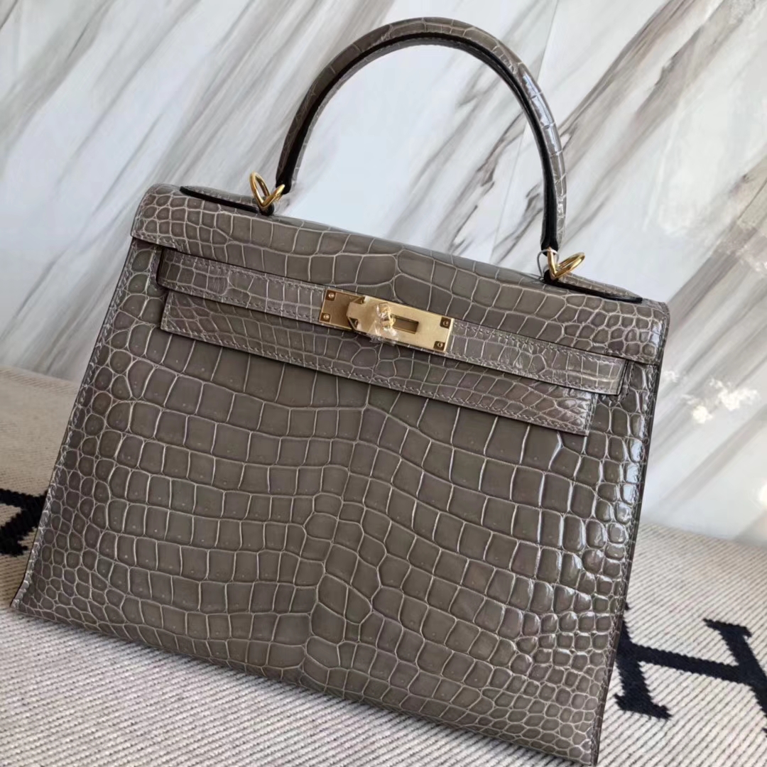 Hermès（爱马仕）Kelly28cm Porosus shiny 亮面澳洲湾鳄鳄鱼 ck81 斑鸠灰 Gris T 金扣