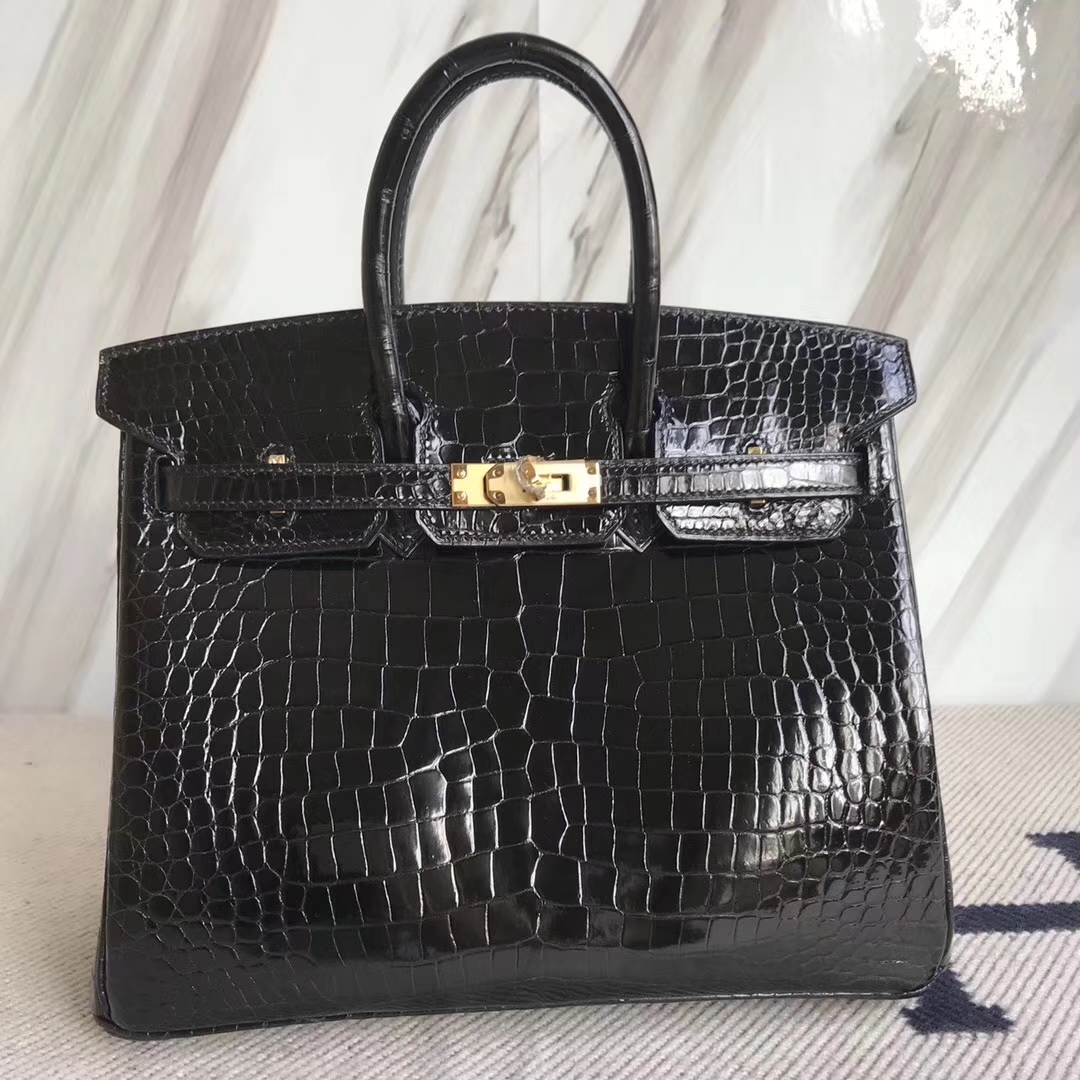 Hermès（爱马仕）Birkin25cm Porosus shiny 亮面澳洲湾鳄 ck89 黑色 金扣