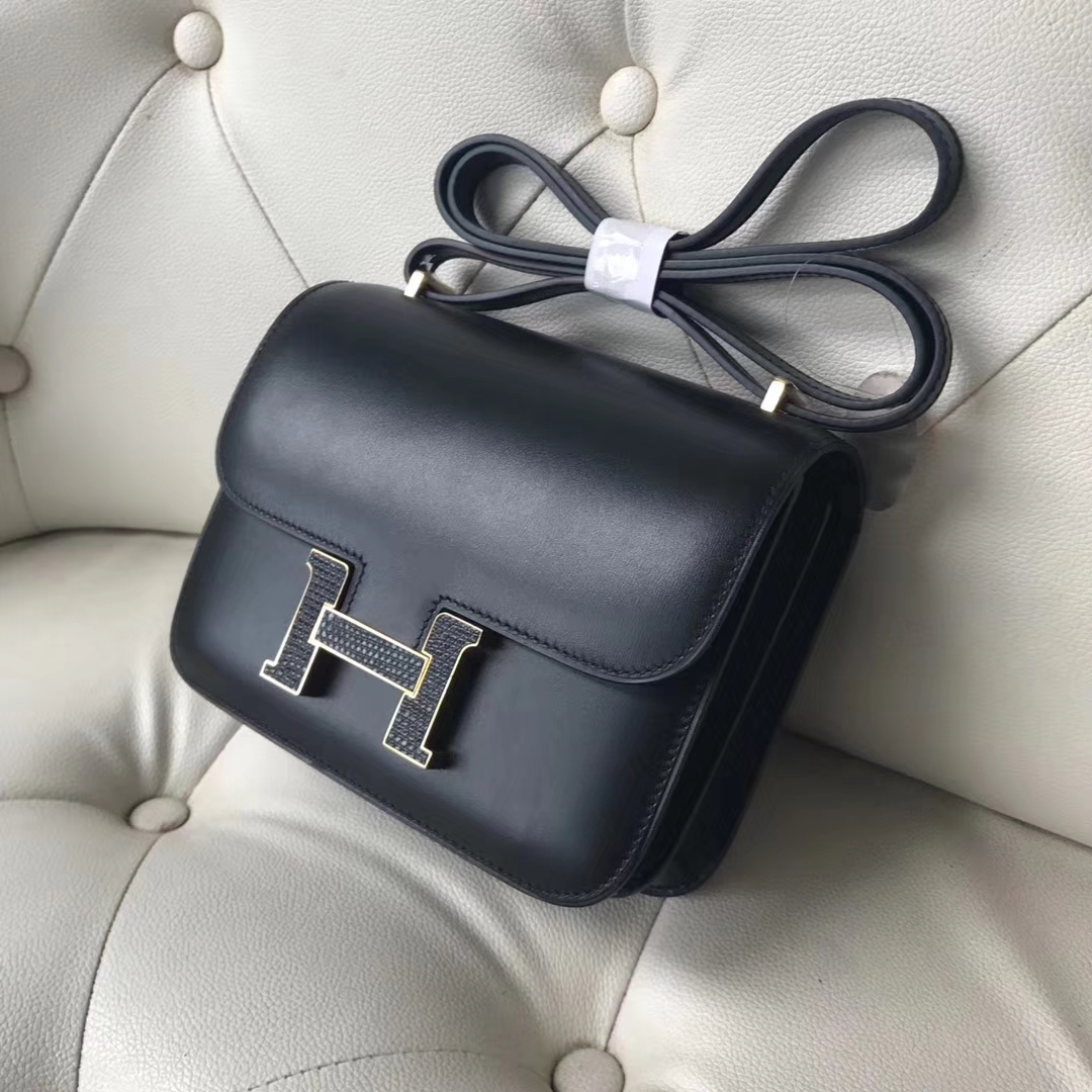Hermès（爱马仕）Constance18cm Box calf  ck89 黑色 蜥蜴扣 金扣
