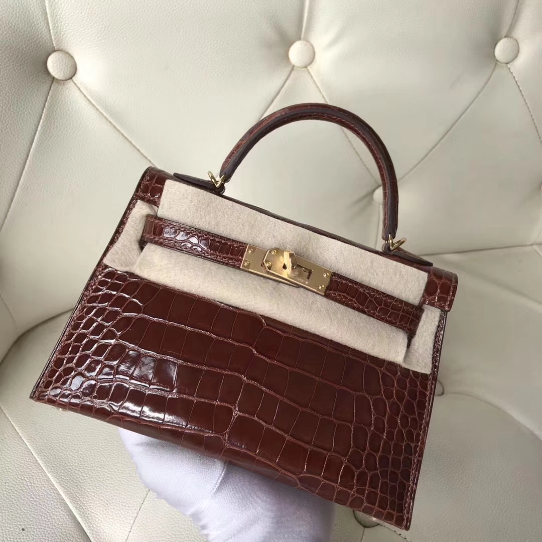 Hermès（爱马仕）Minikelly ll Alligator shiny 亮面鳄鱼 ck31 蜜糖棕 Miel  金扣 定制款